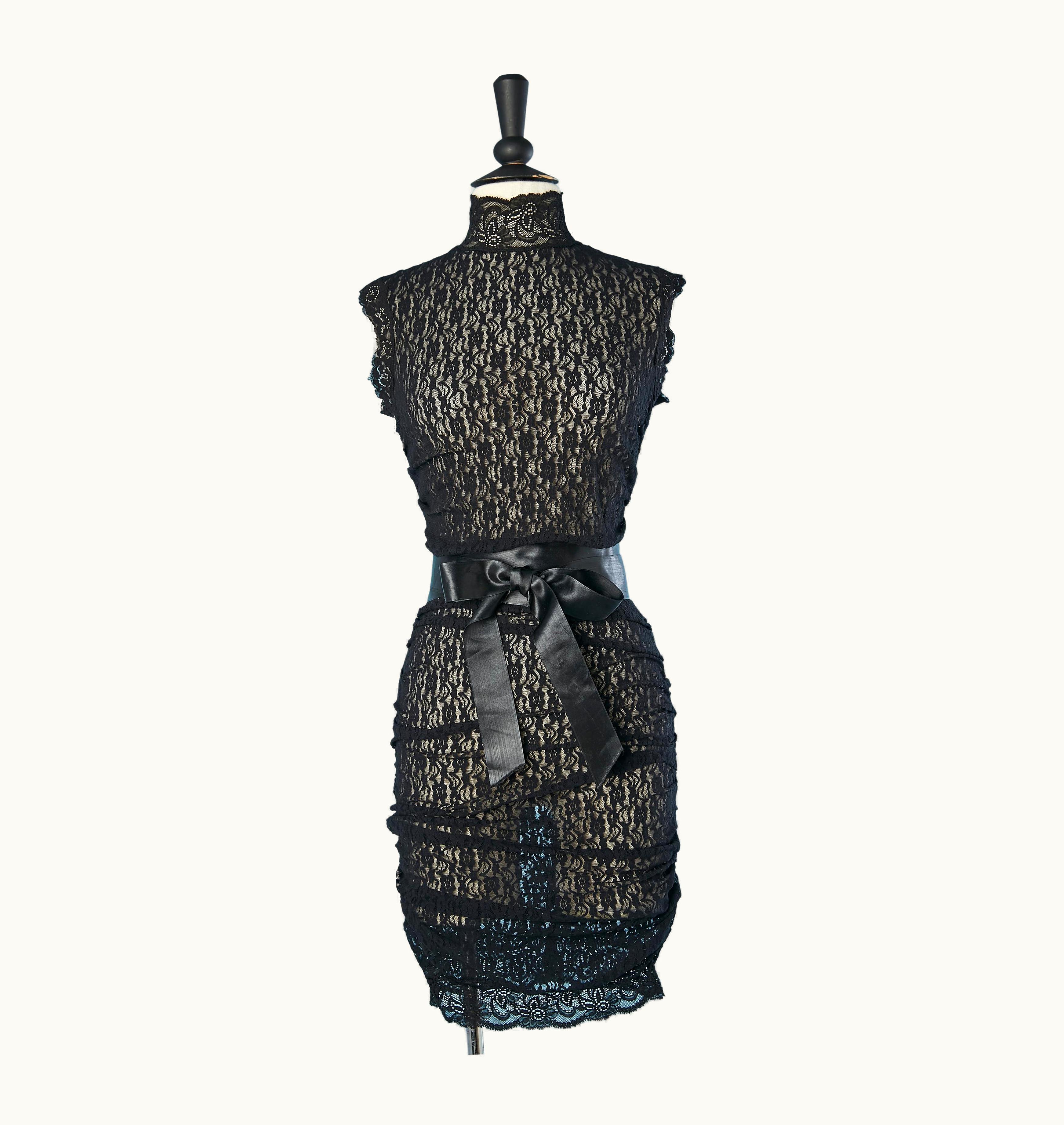 Dolce & Gabbana See-through Black Stretch Lace Dress With Satin Ribbon Belt Dolce & Gabbana