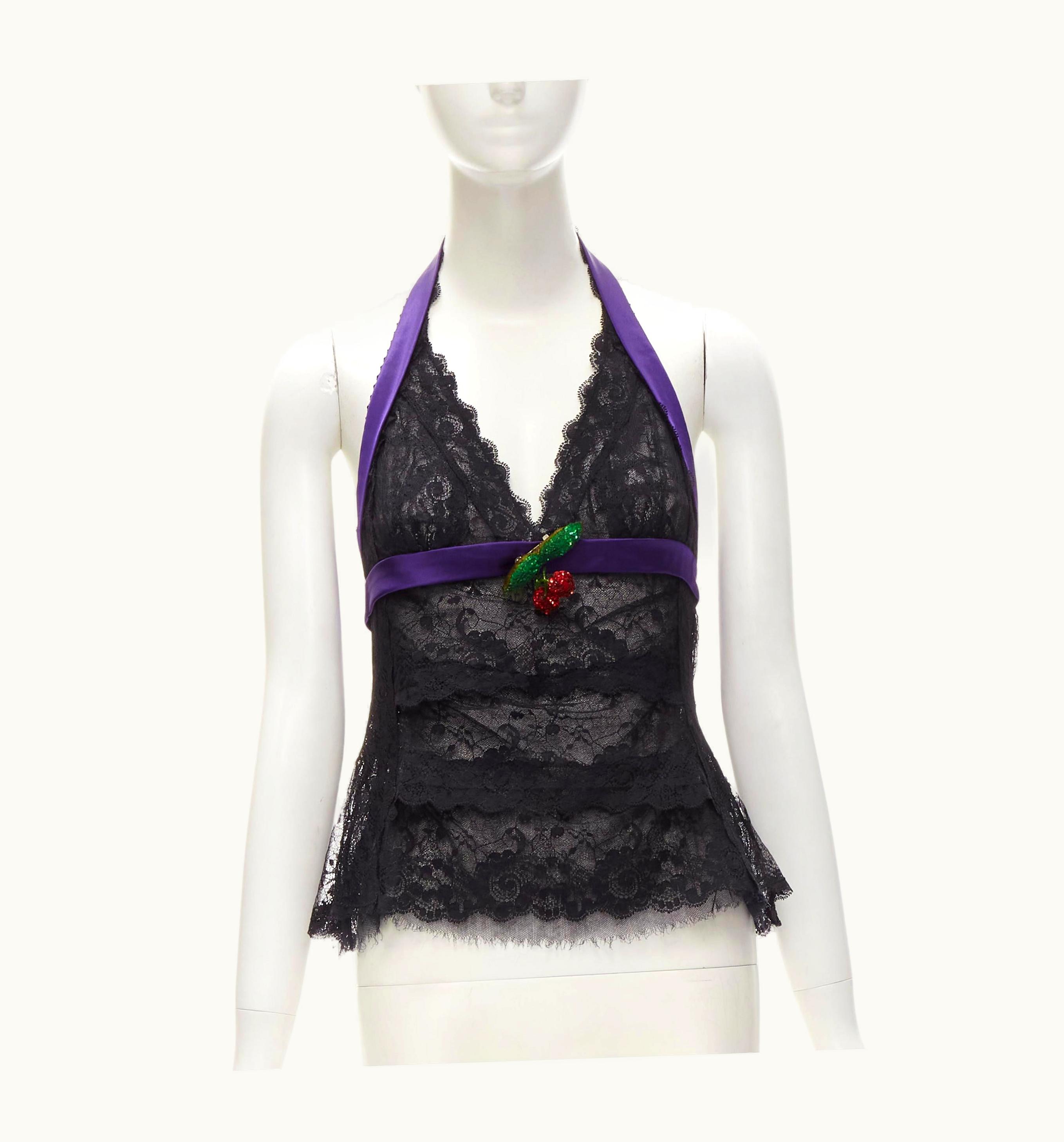 Dolce & Gabbana Rare D&G Dolce Gabbana Vintage Cherry Sequins Charm Black Lace Halter Tie Top