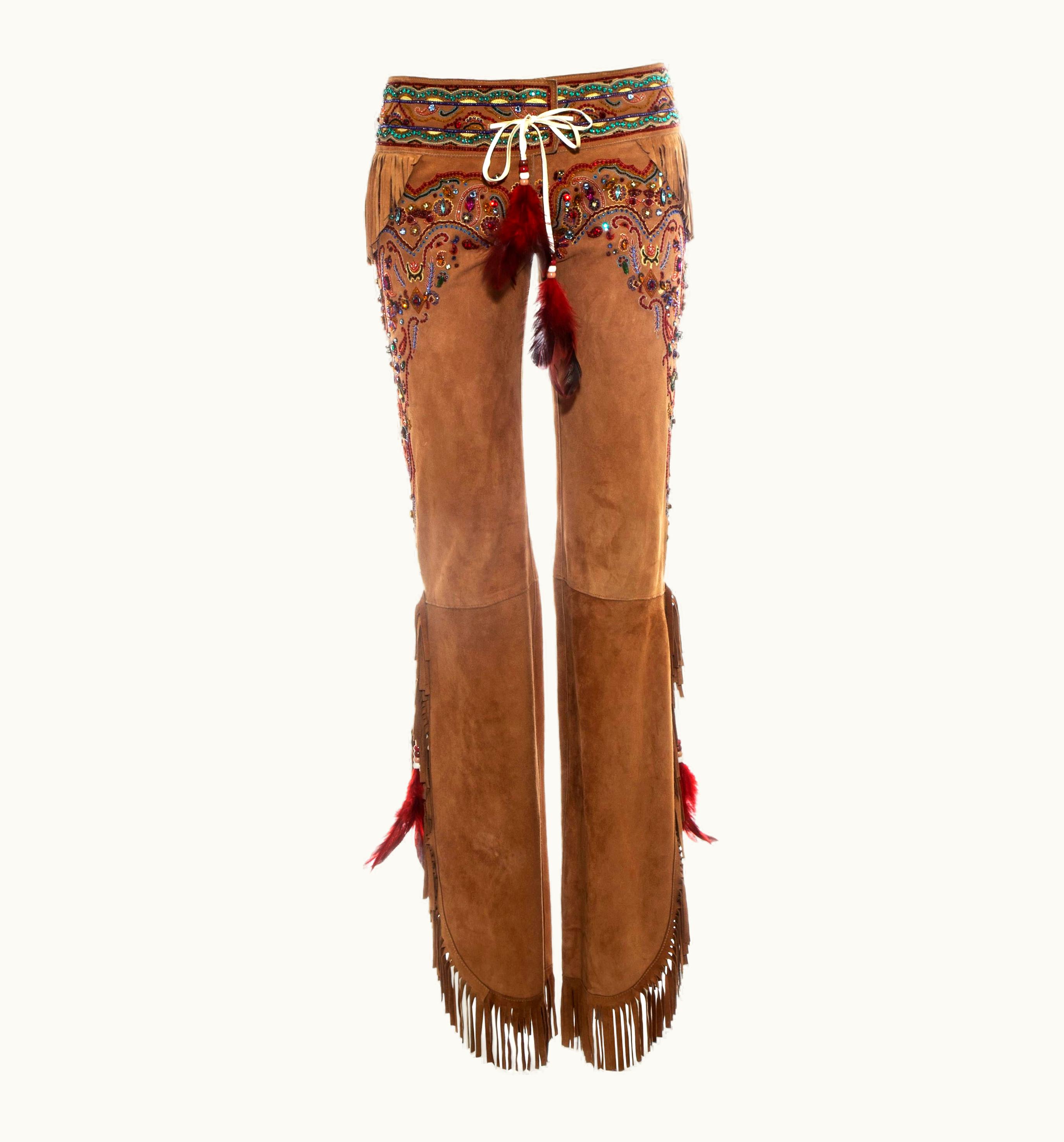 Dolce & Gabbana Dolce & Gabbana Tan Leather Fringed Embellished Pants, S/S 2001