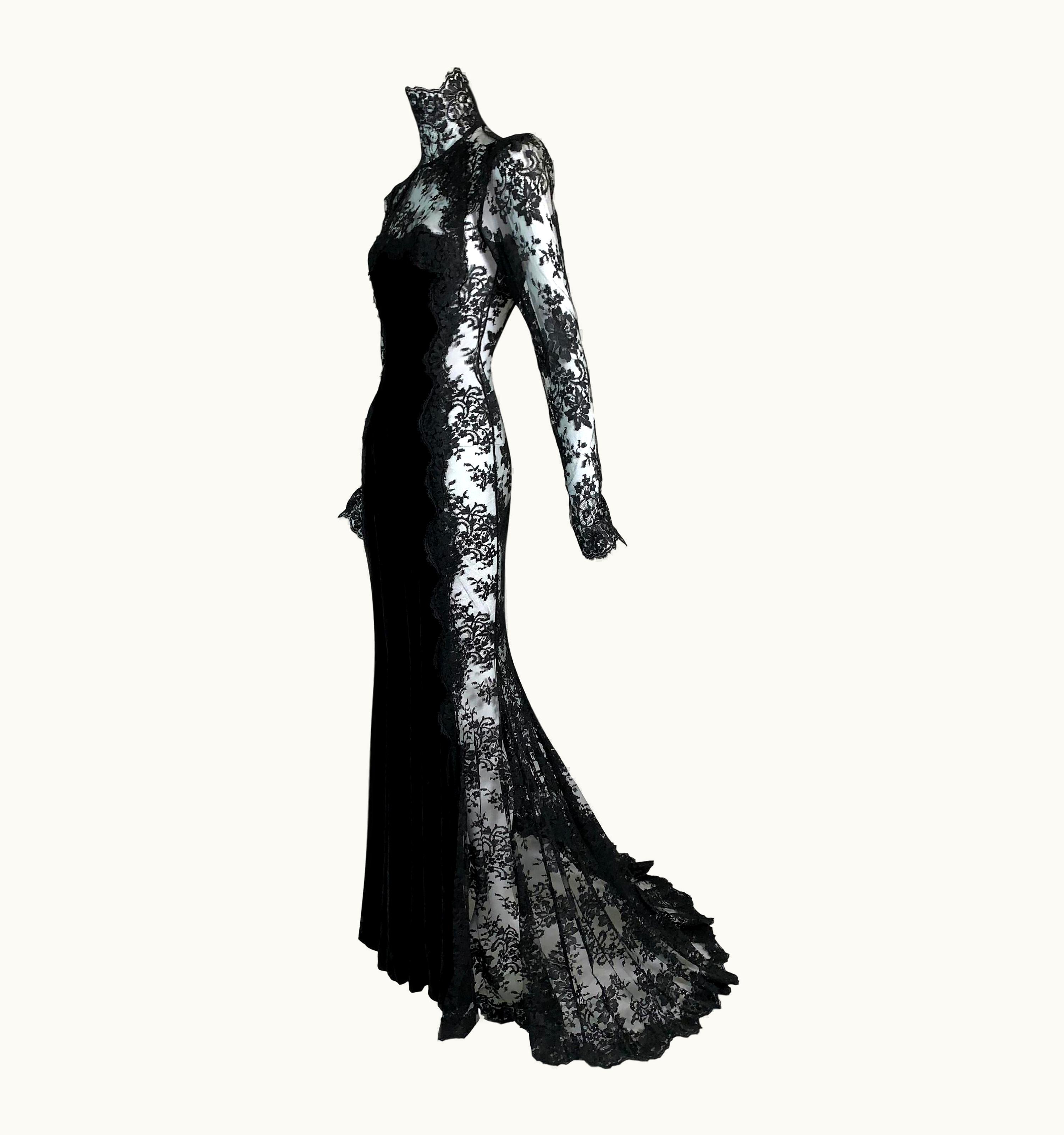 Dolce & Gabbana AW 2004 Dolce & Gabbana Runway Sheer Black Lace Velvet Goth Princess Gown Dress