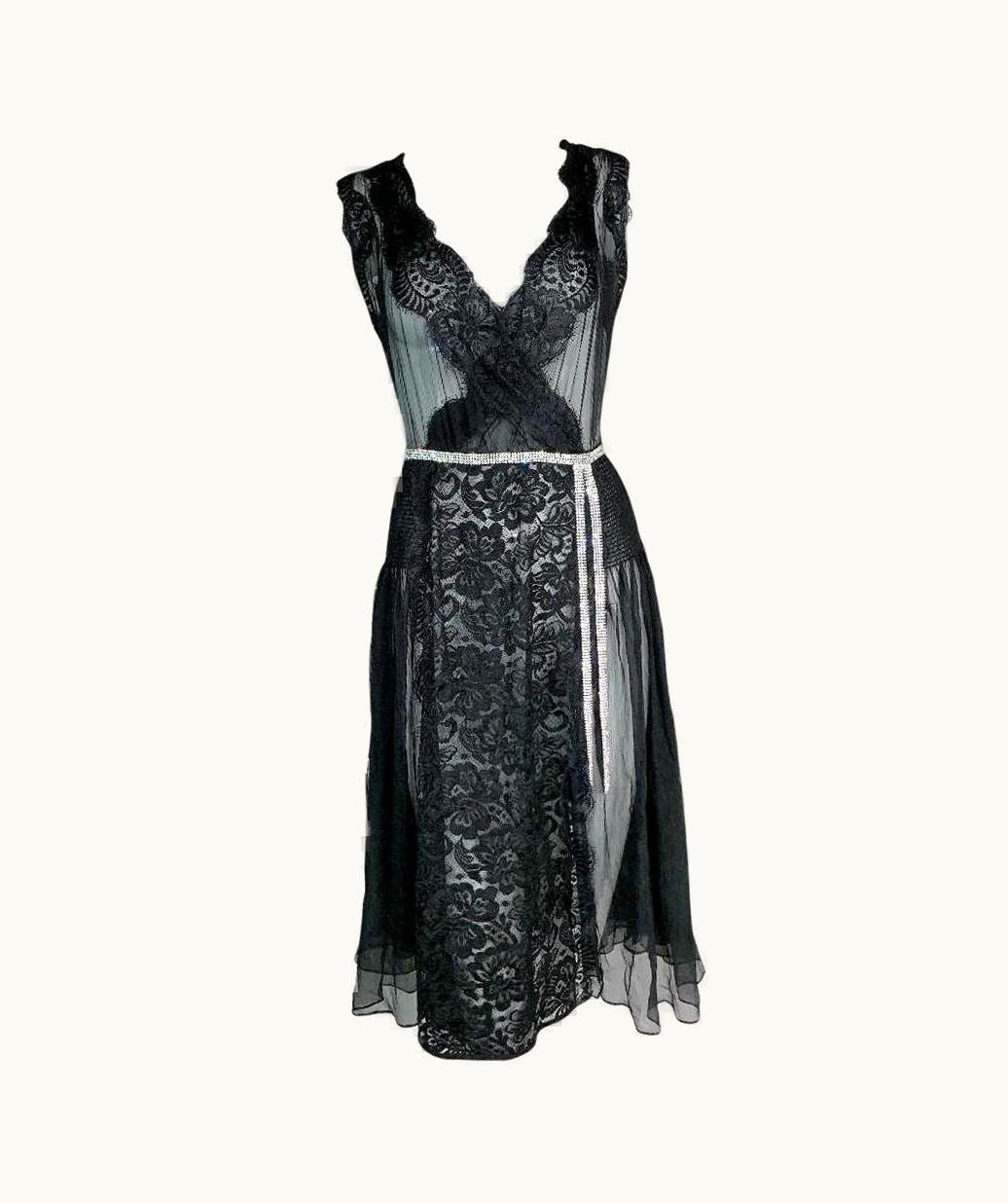 Dolce & Gabbana S/S 2004 Dolce & Gabbana Sheer Black Silk & Lace 20' Style Crystal Belt Dress
