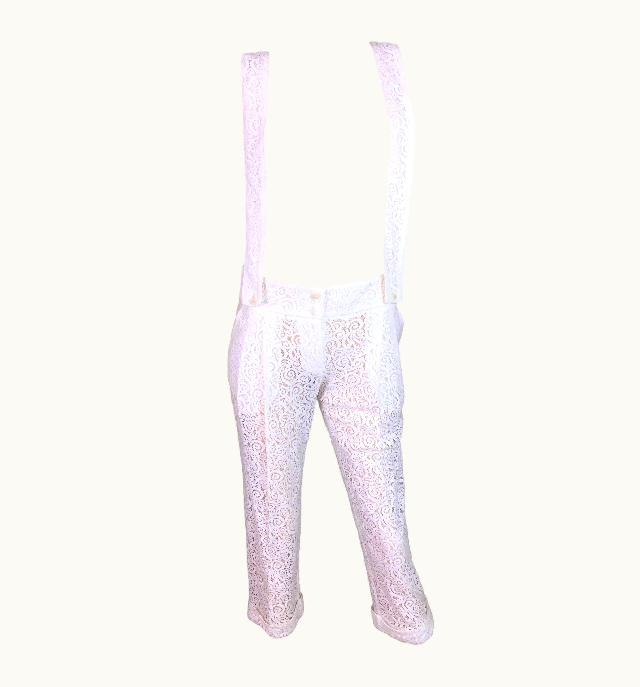 Dolce & Gabbana S/S 2006 Dolce & Gabbana Runway Sheer Ivory Lace Suspender Overall Pants