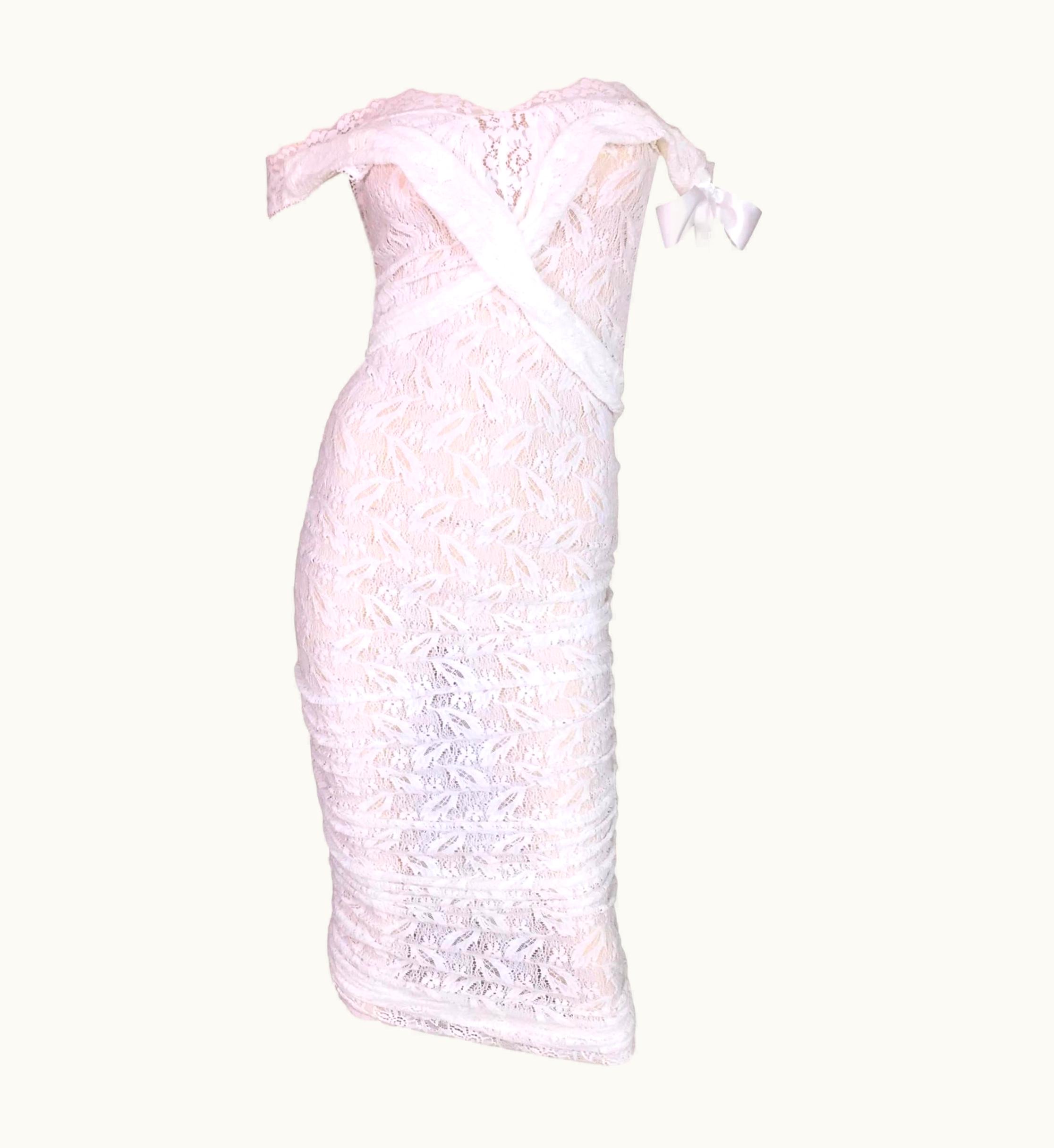 Dolce & Gabbana S/S 2006 D&G By Dolce & Gabbana Sheer White Stretch Lace Pin-Up Wiggle Dress