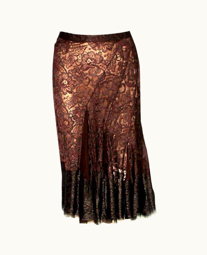 Dolce & Gabbana Unworn Dolce & Gabbana Chocolate Brown Pleated Lace Silk Skirt