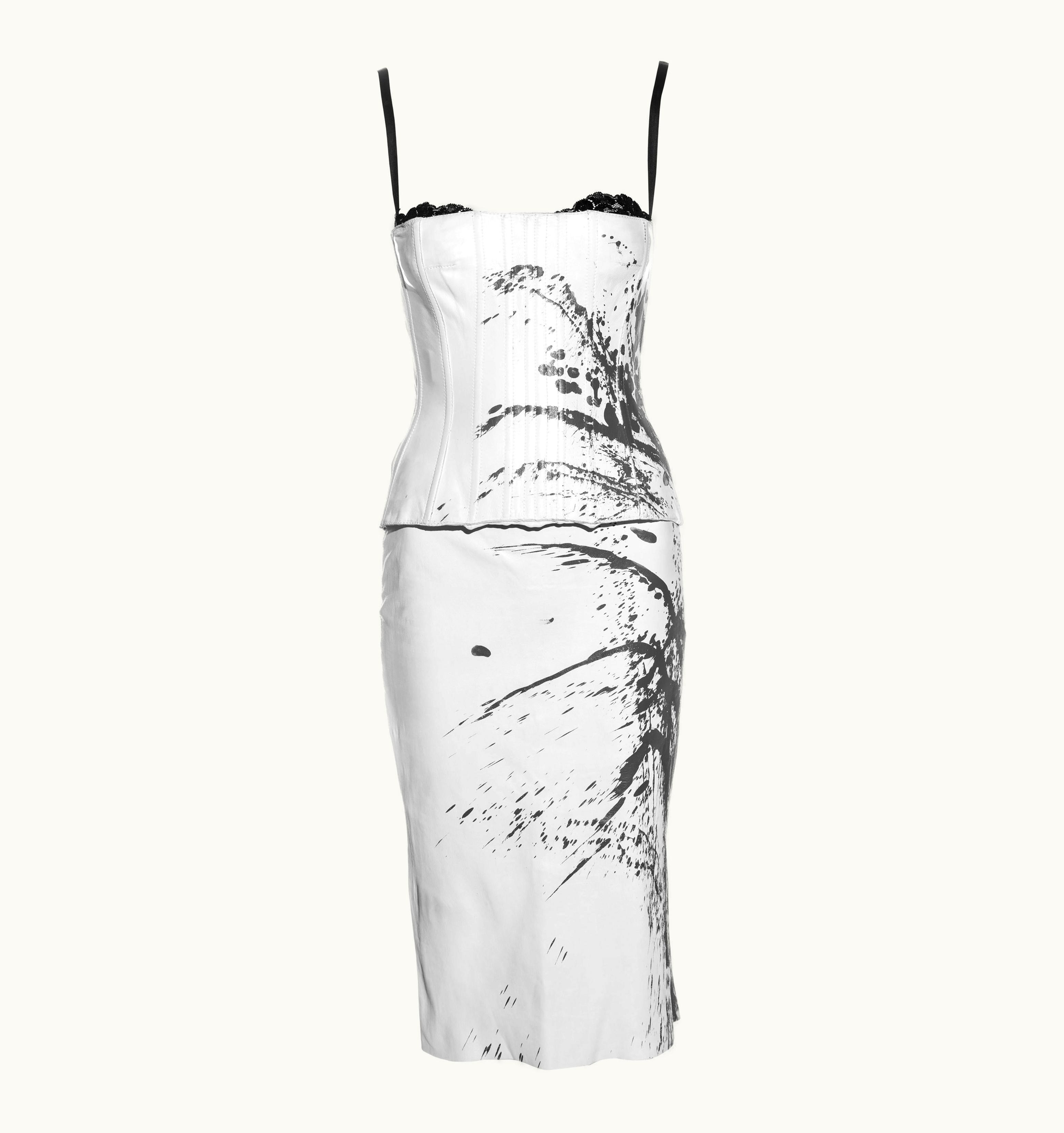 Dolce & Gabbana Dolce & Gabbana White Leather With Grey Paint Splatter Corset And Skirt, S/S 2008