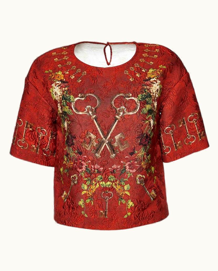Dolce & Gabbana Dolce & Gabbana Maroon Key & Floral Printed Jacquard Blouse