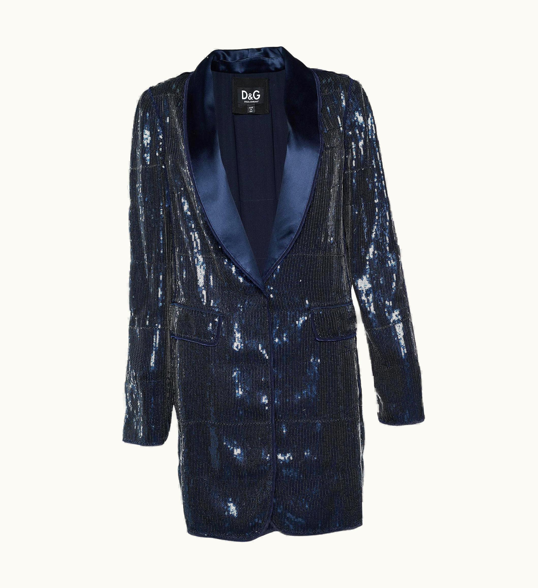 Dolce & Gabbana Dolce & Gabbana Blue Sequined Single Button Long Blazer