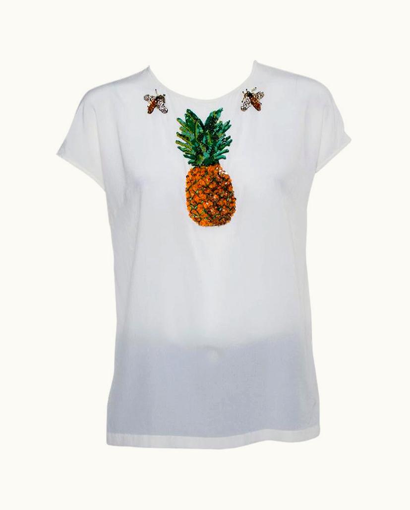 Dolce & Gabbana Dolce & Gabbana Cream Silk Sequin Embellished Trim Blouse