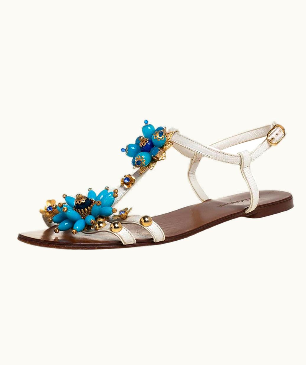 Dolce & Gabbana Dolce & Gabbana White Leather Flower Embellished Sandals
