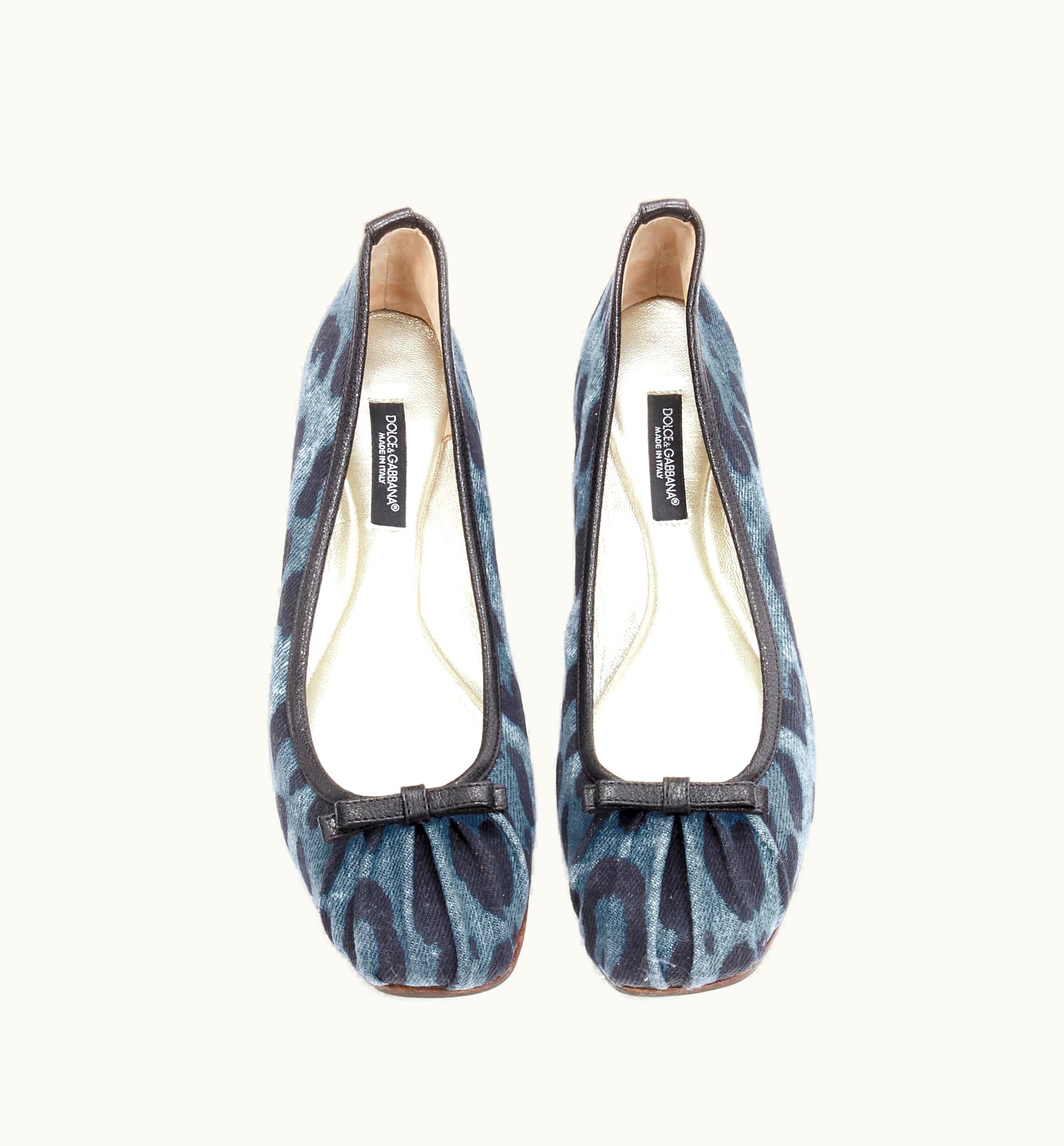 Dolce & Gabbana Dolce Gabbana Blue Denim Leopard Leather Bow Ballerina Flats