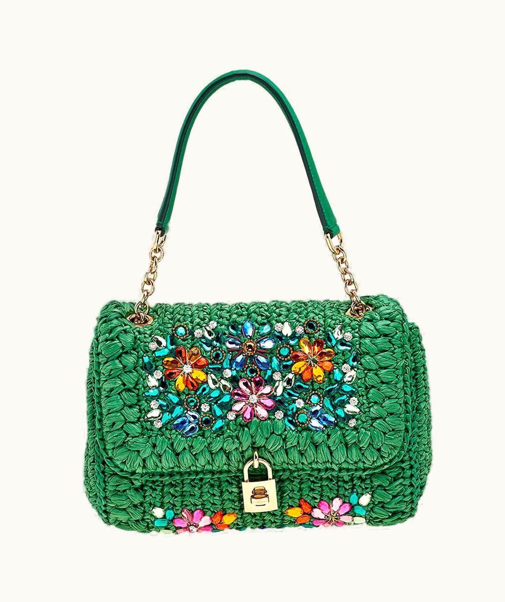 Dolce & Gabbana Dolce & Gabbana Green Straw Crystal Embellished Miss Bonita Shoulder Bag
