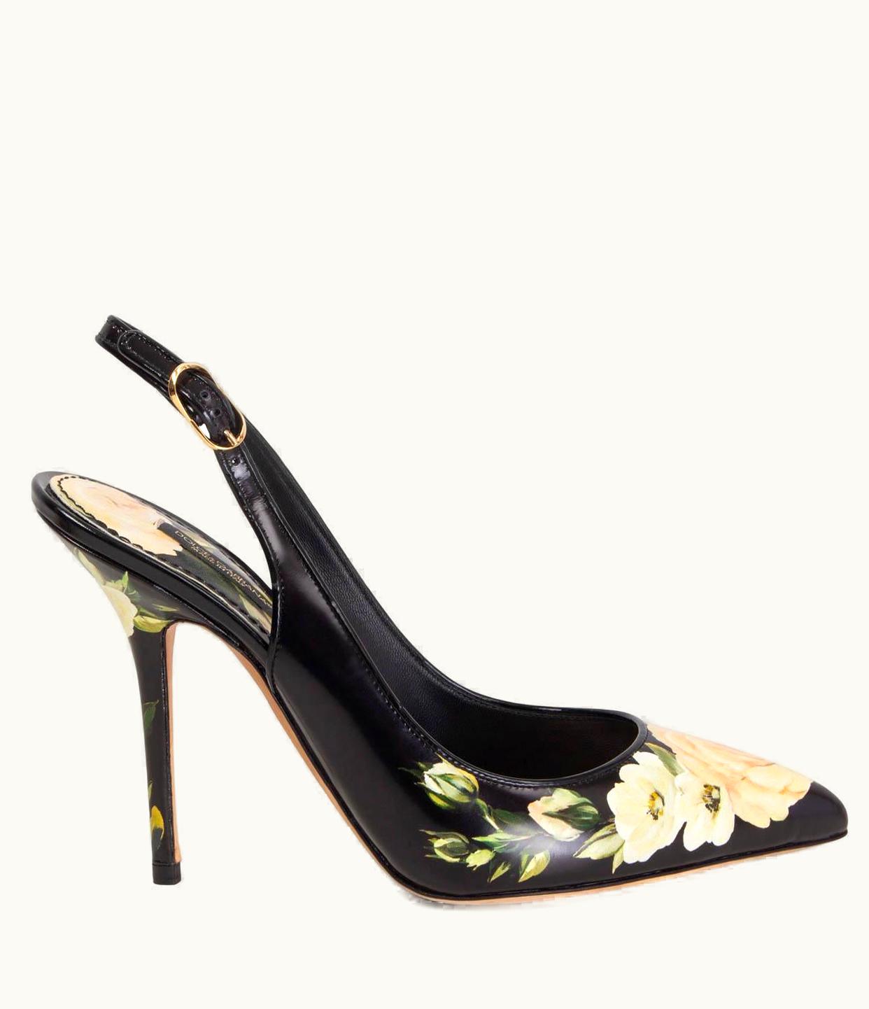Dolce & Gabbana Dolce & Gabbana Black Leather Rose Print Slingback Pumps Shoes