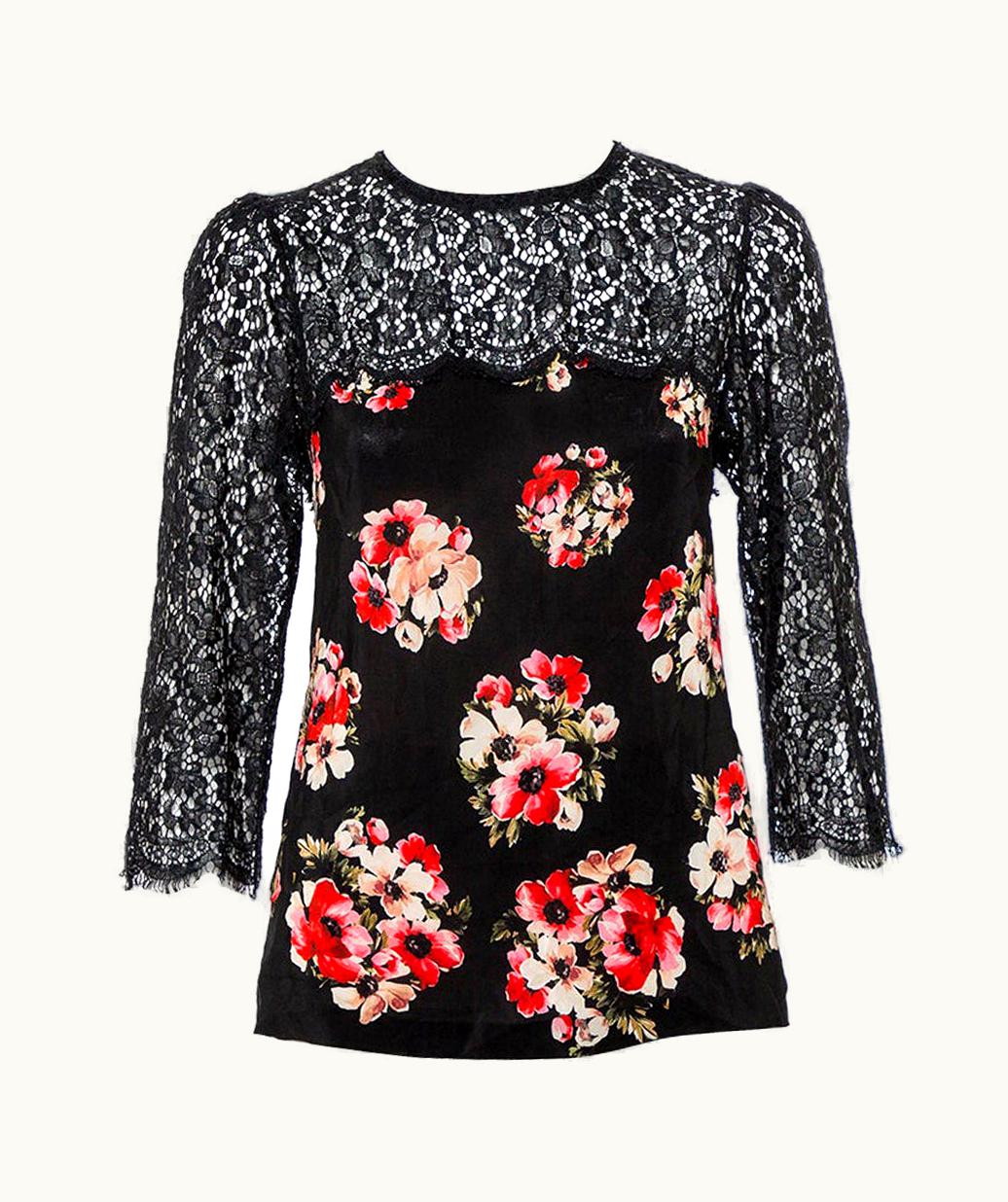 Dolce & Gabbana Dolce & Gabbana Black Floral Printed Silk & Lace Paneled Top