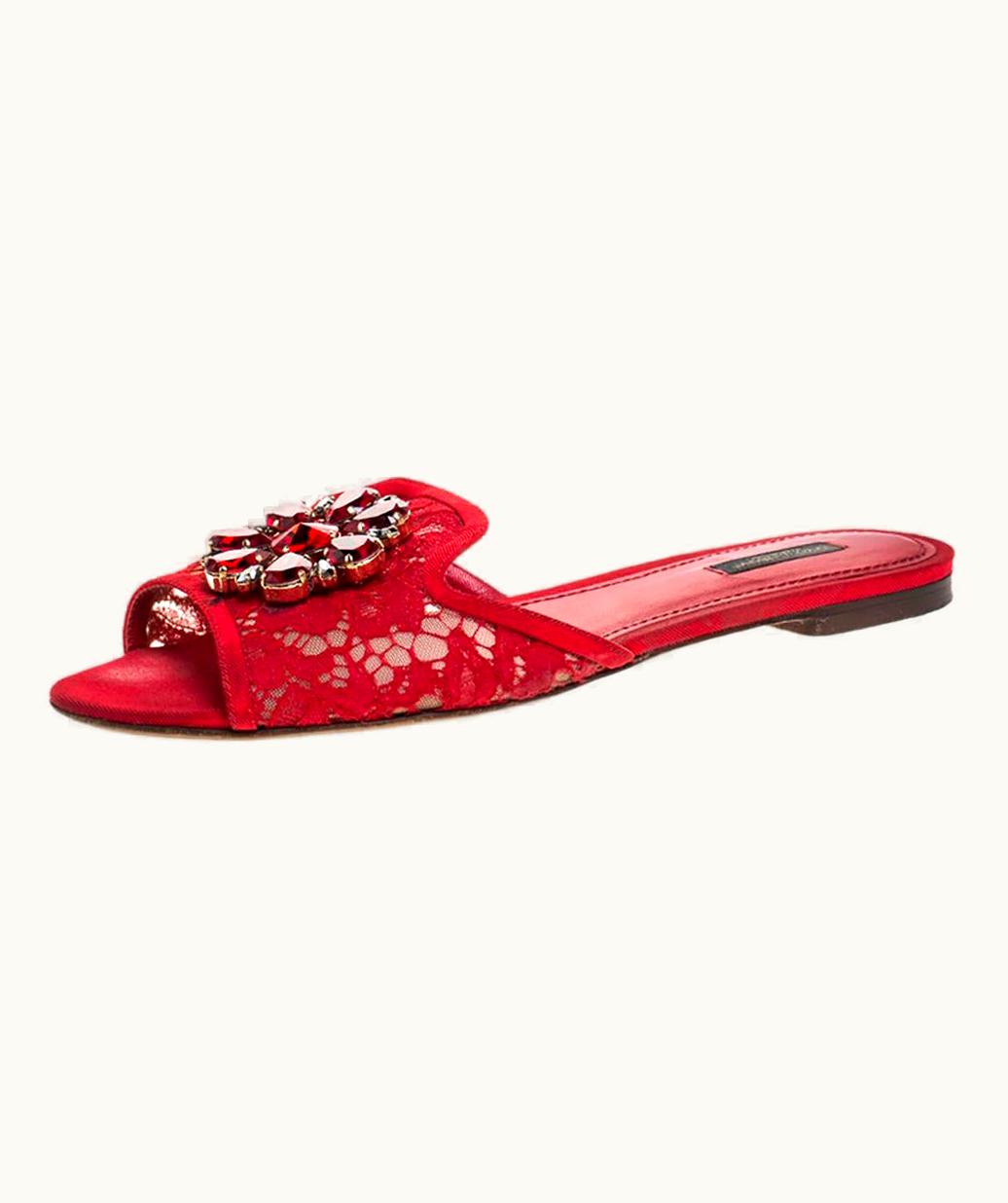 Dolce & Gabbana Dolce & Gabbana Red Lace Crystal Embellished Flat Slides