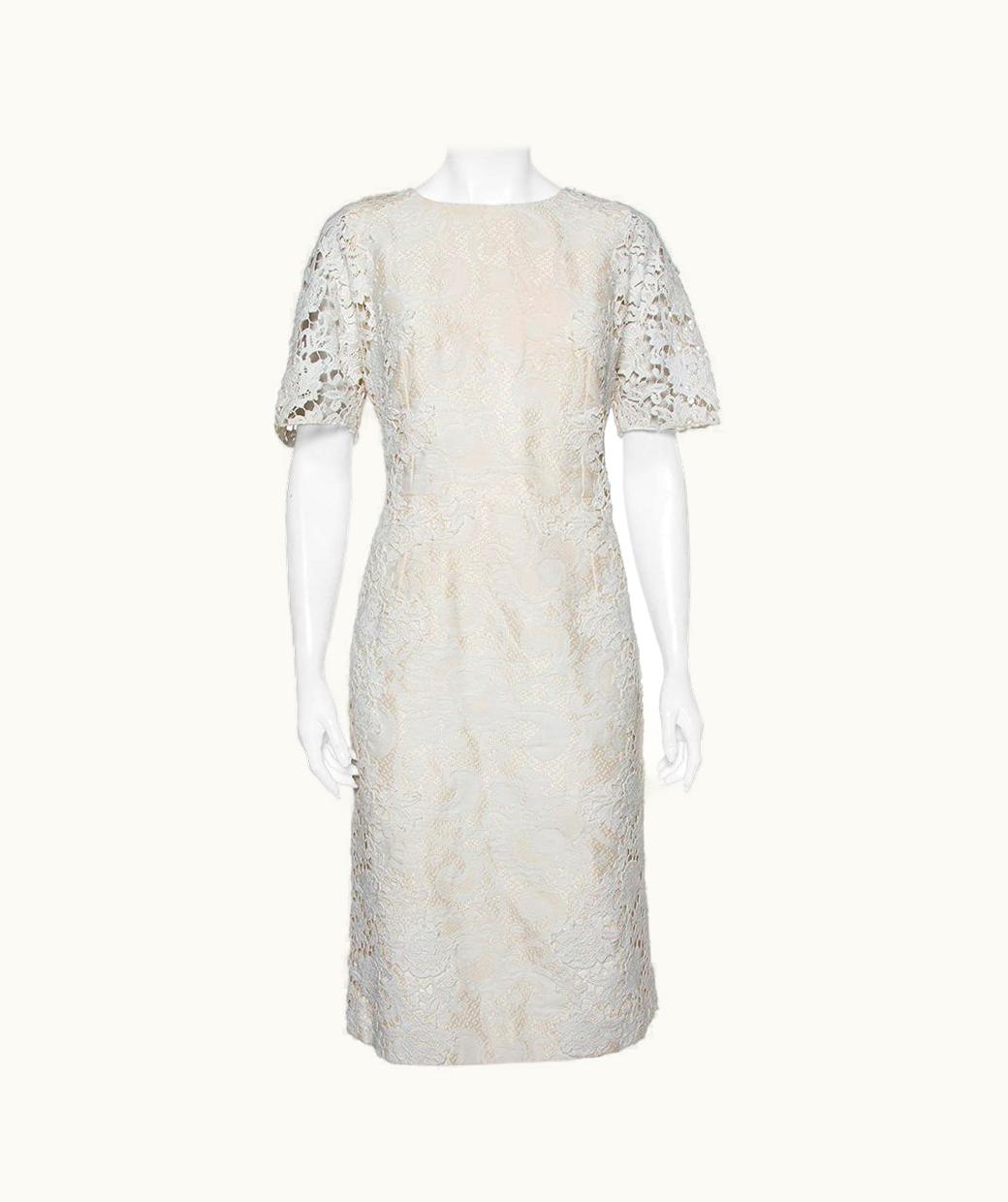 Dolce & Gabbana Dolce & Gabbana Cream Jacquard Crochet Trim Detail Midi Dress