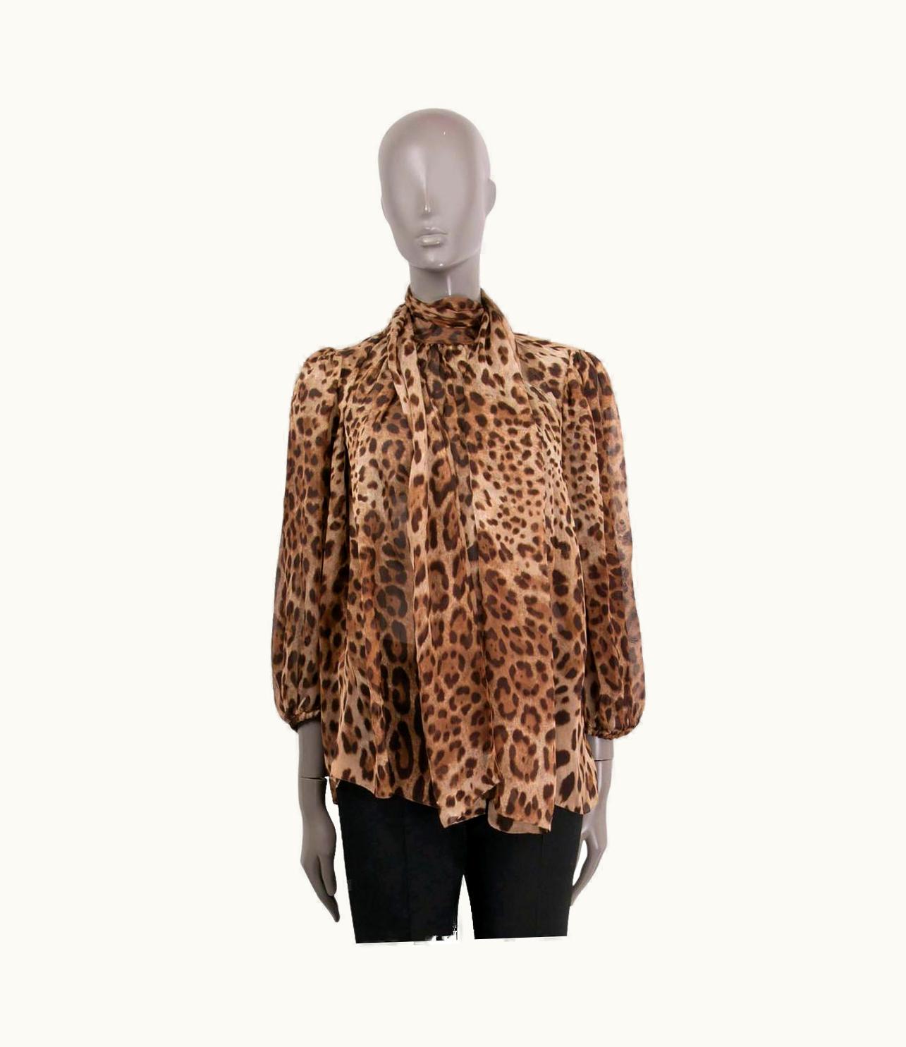 Dolce & Gabbana Dolce & Gabbana Brown Silk Leopard Pussy Bow Blouse Shirt UZ0609787