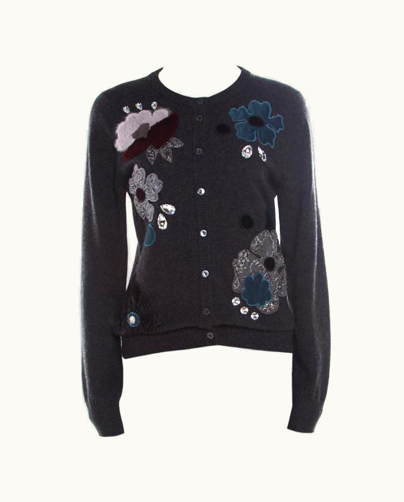 Dolce & Gabbana Dolce & Gabbana Grey Embellished Floral Applique Detail Cashmere Cardigan