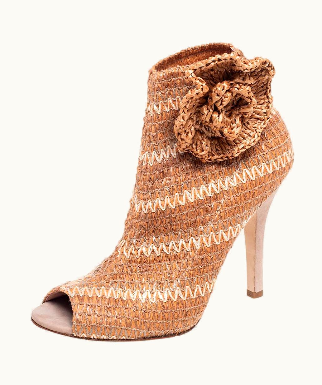 Dolce & Gabbana Dolce & Gabbana Beige Raffia Peep Toe Ankle Boots