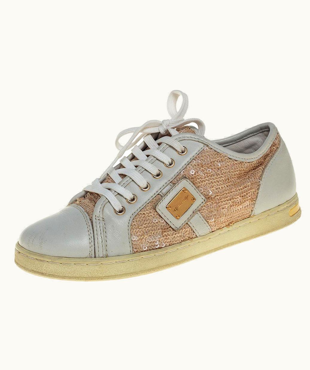 Dolce & Gabbana Dolce &Gabbana White/Brown Leather Sequin Embellished Sneakers