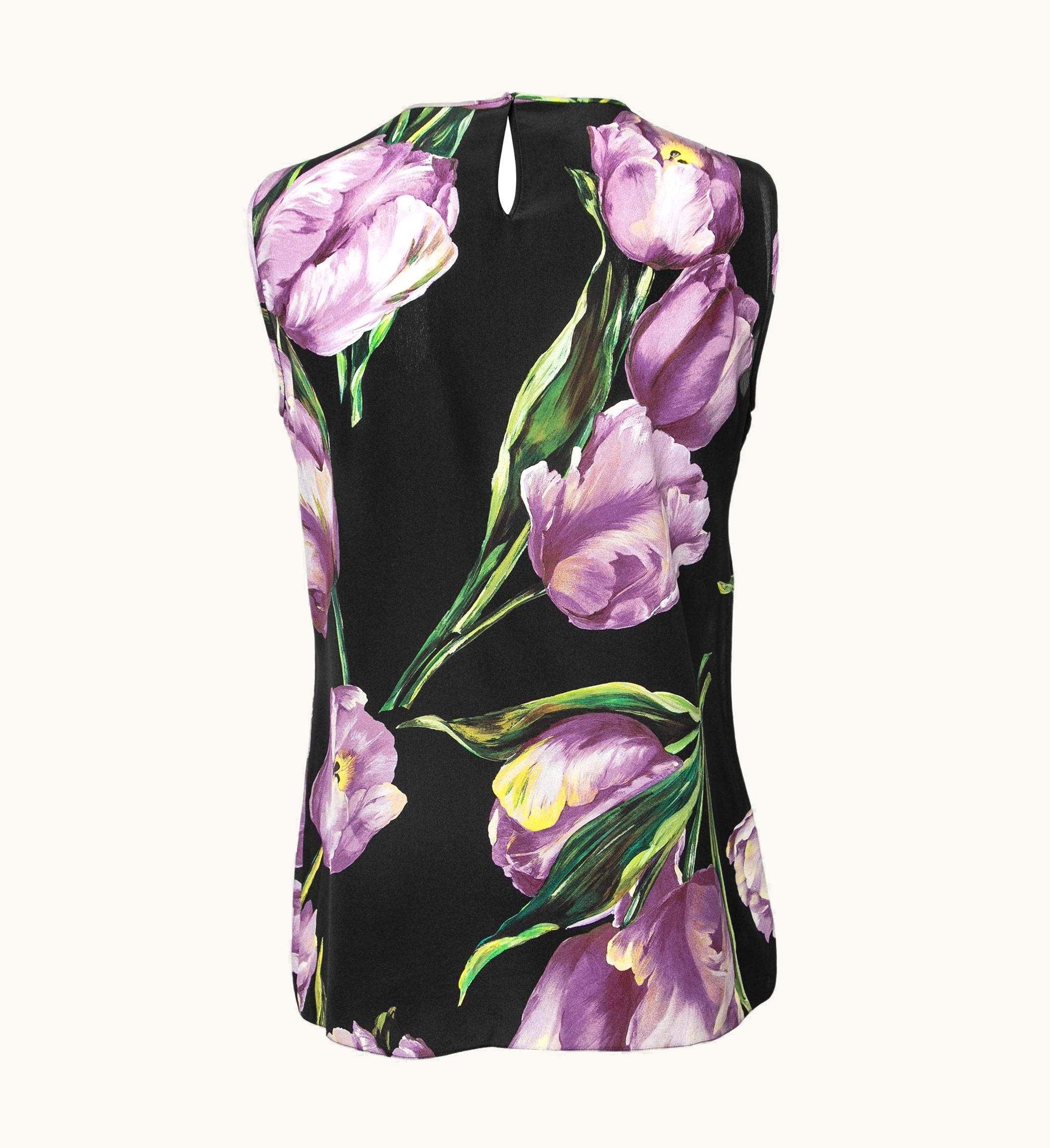 Dolce & Gabbana Dolce & Gabbana Black & Purple Tulip Printed Silk Sleeveless Top