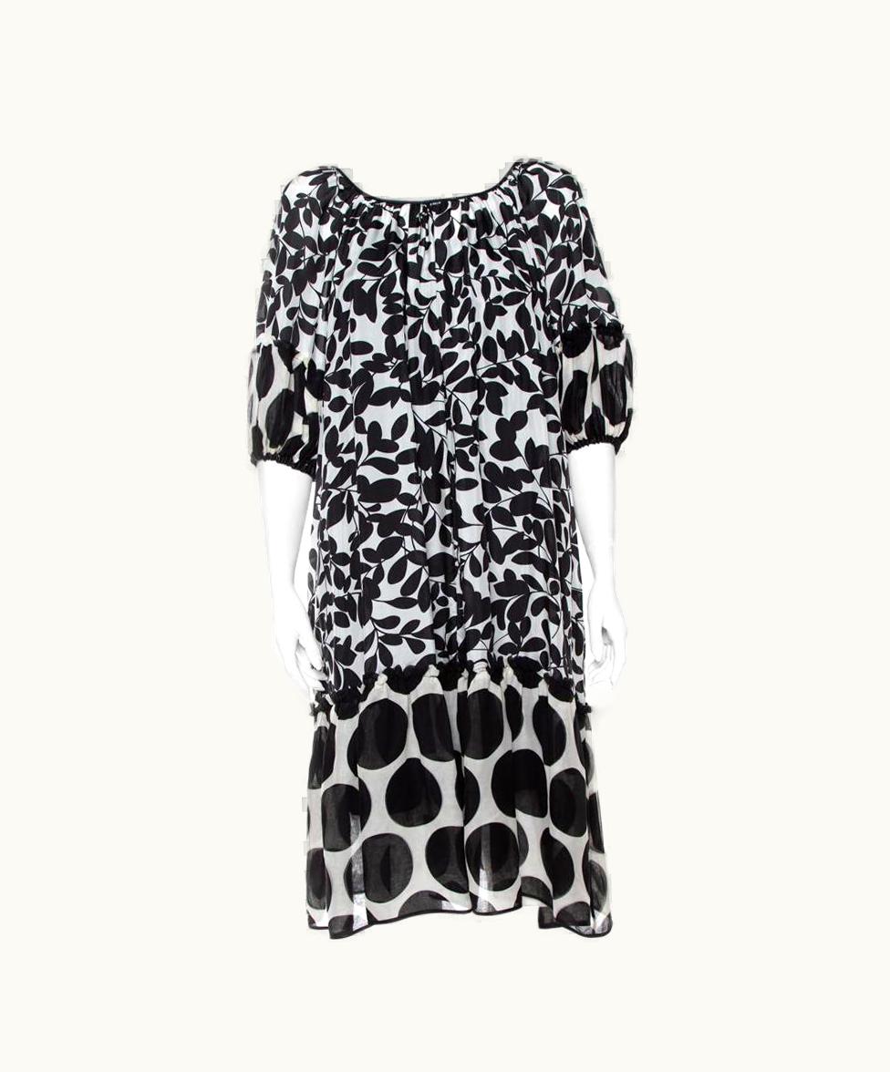 Dolce & Gabbana Dolce & Gabbana Monochrome Leaf Printed Silk Ruffled Midi Dress