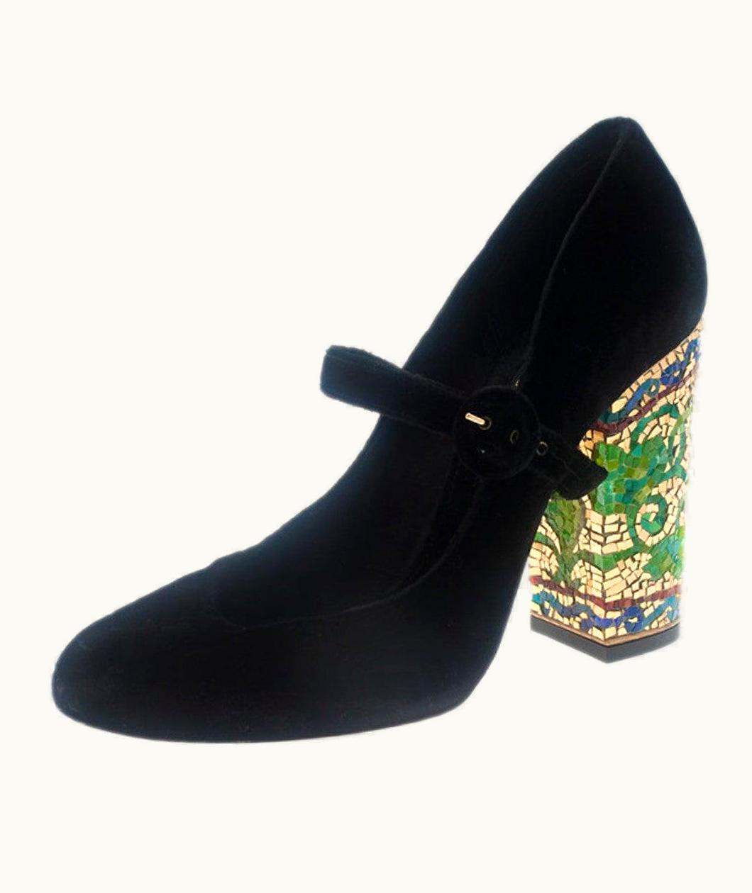 Dolce & Gabbana Dolce & Gabbana Black Velvet Embellished Heel Mary Jane Pumps