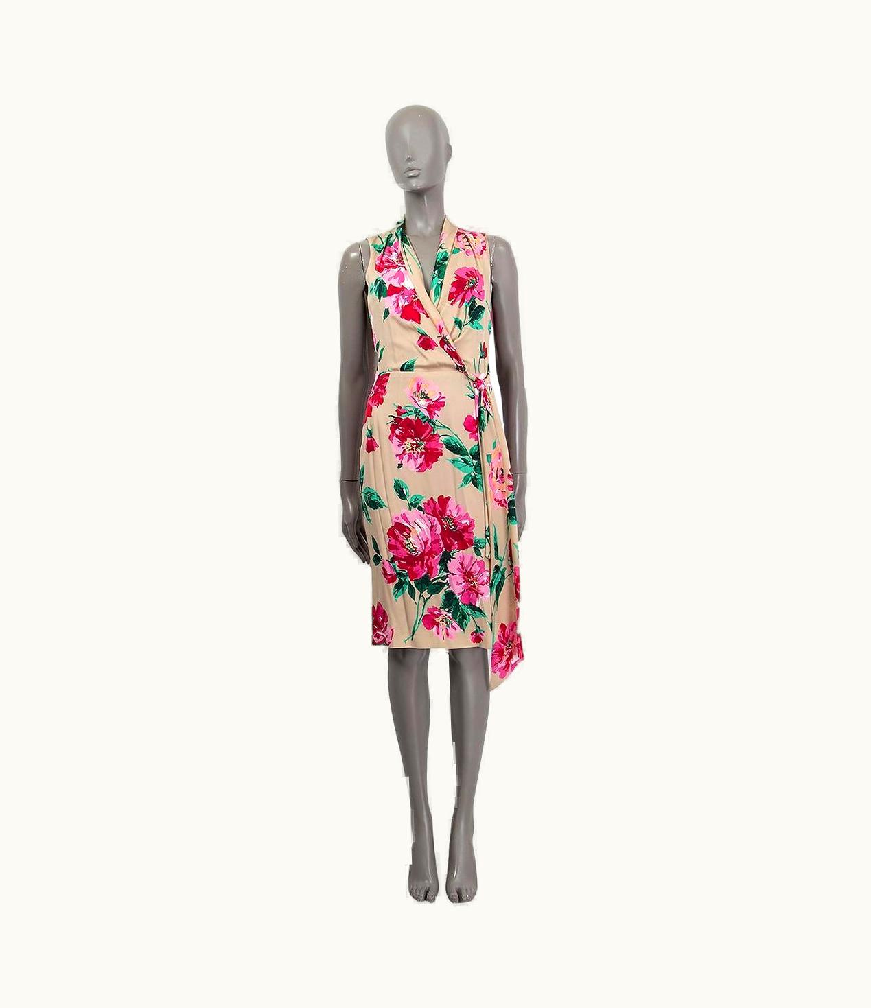 Dolce & Gabbana Dolce & Gabbana Beige & Pink Silk Floral Sleeveless Wrap Dress