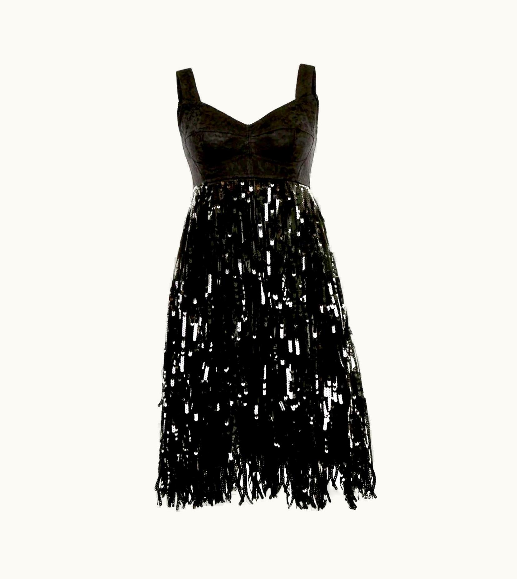 Dolce & Gabbana Unworn Dolce & Gabbana Black Corset Logo Lace Sequin Fringe Cocktail Dress