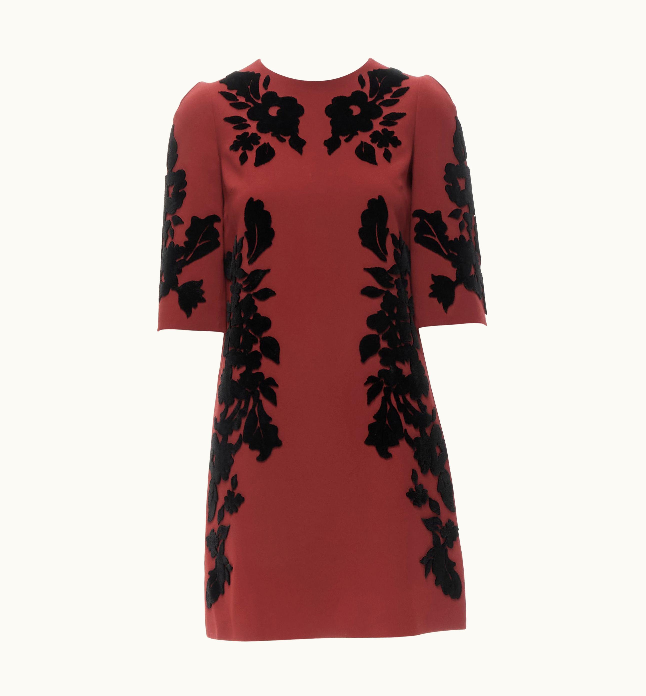 Dolce & Gabbana Dolce Gabbana Red Crepe Floral Velvet Devore Sheath Dress