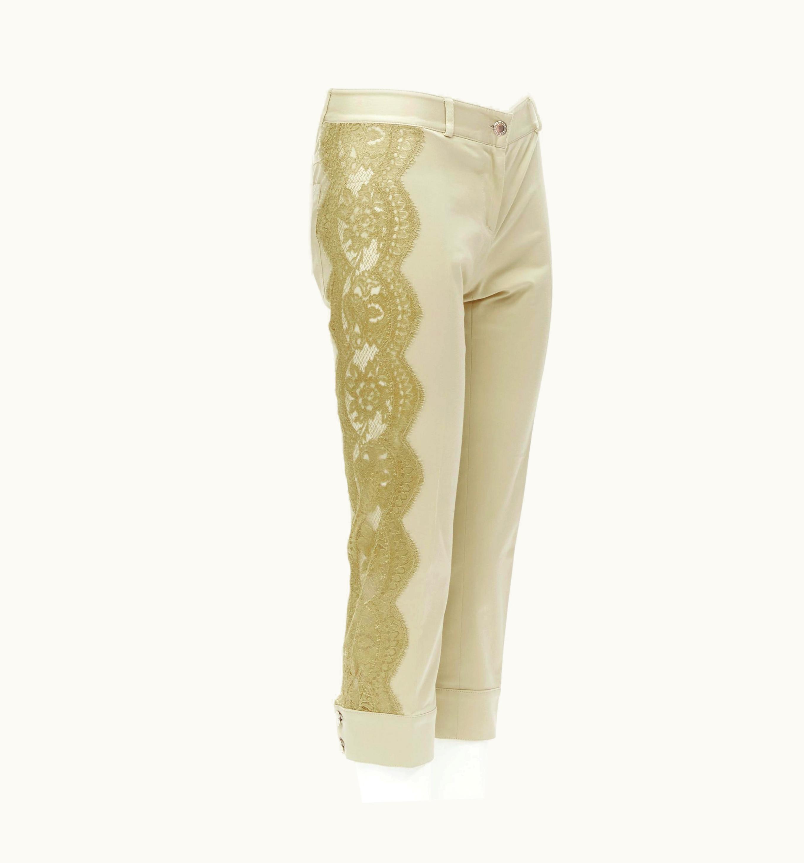 Dolce & Gabbana Dolce Gabbana Beige Sheer Lace Insert Metal Plate Cropped Pants
