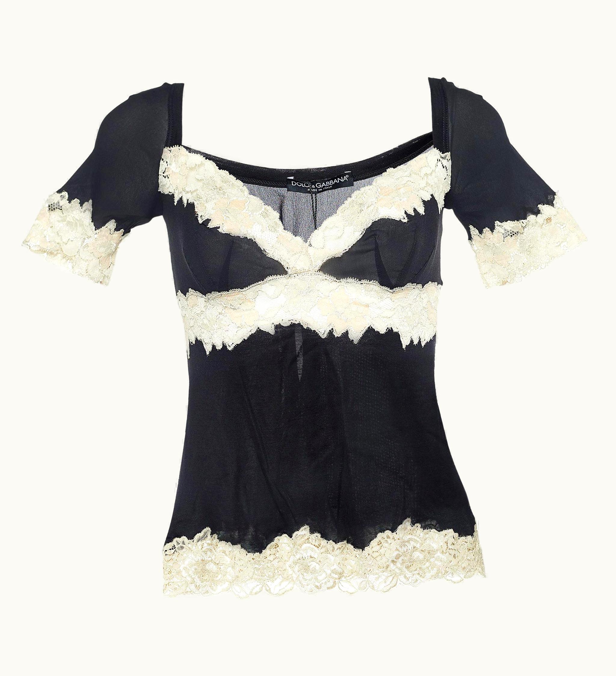 Dolce & Gabbana Dolce & Gabbana Black Stretch Knit Lace Trimmed Short Sleeve Top