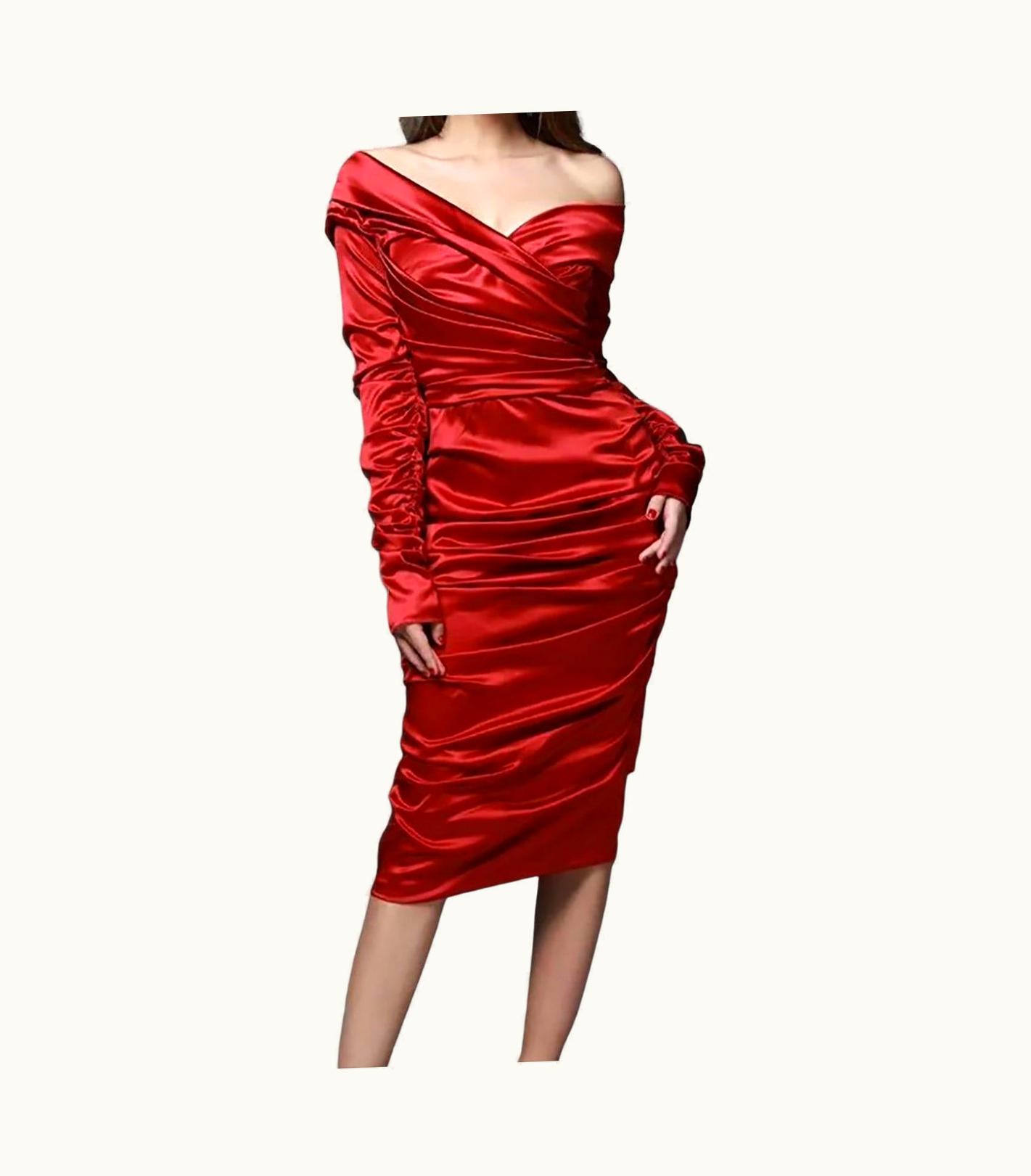 Dolce & Gabbana Dolce&Gabbana Red Ruched V-neck Midi Dress