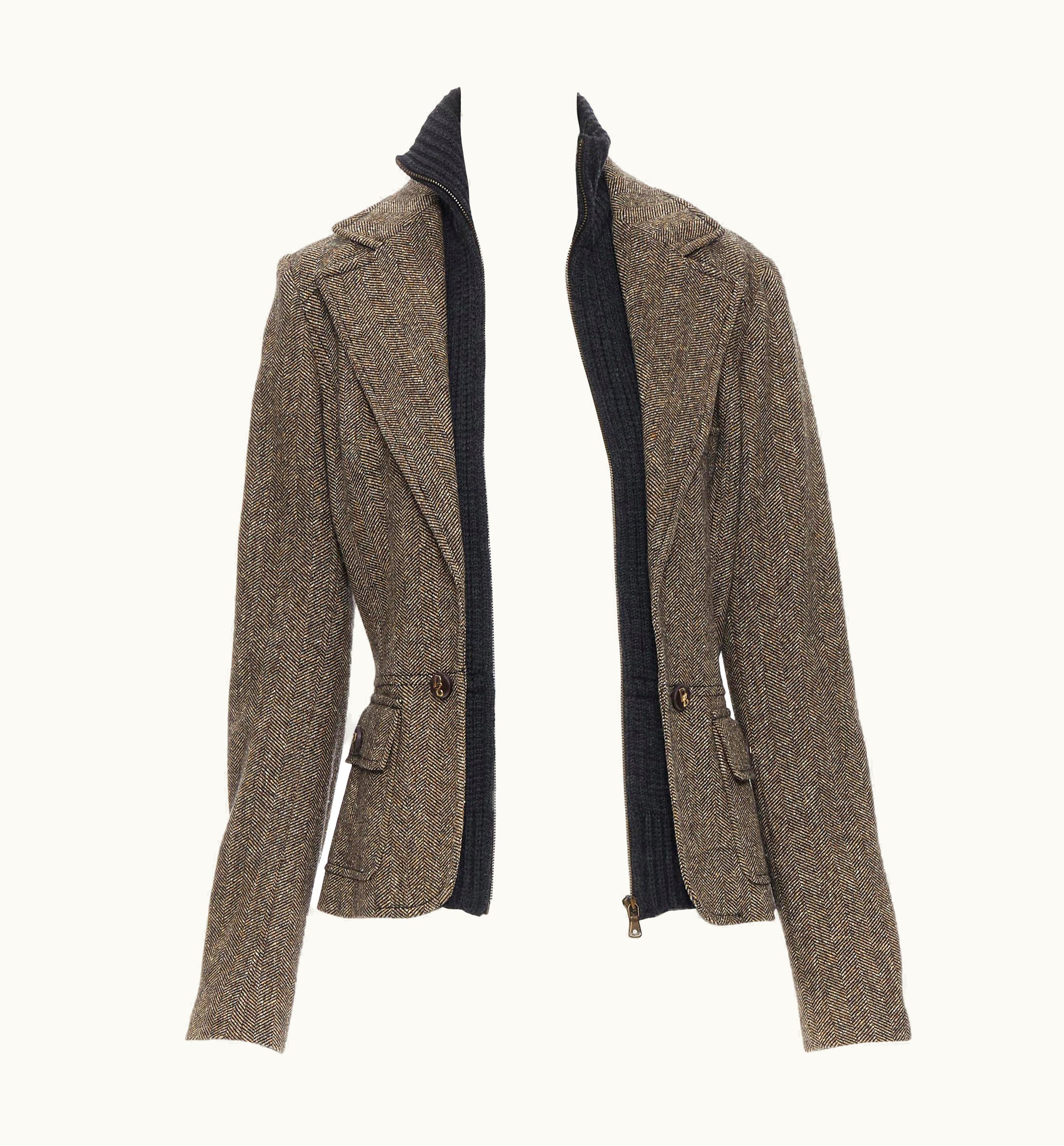 Dolce & Gabbana Vintage Dolce Gabbana Grey Herringbone Wool Turtleneck Layered Blazer