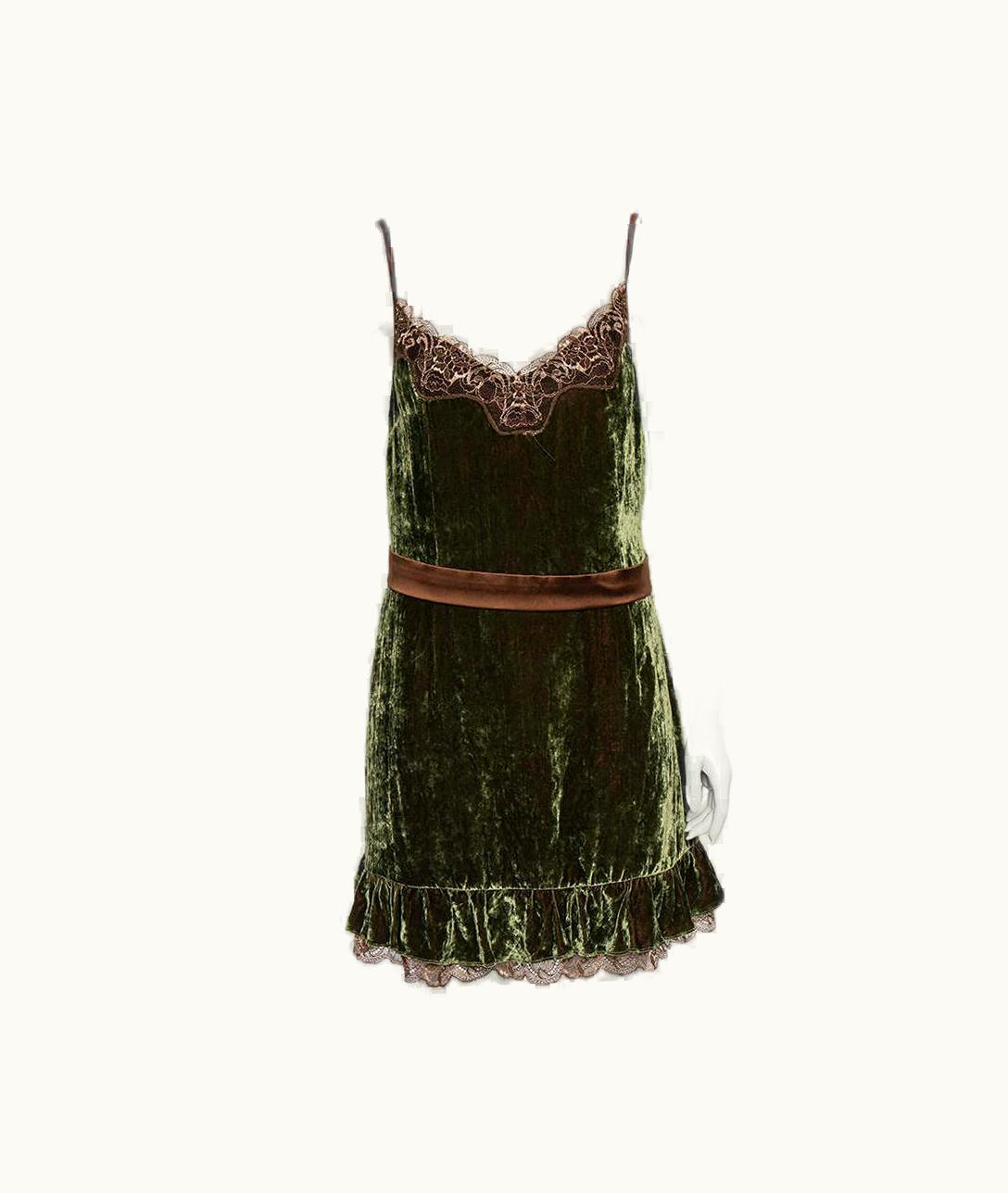Dolce & Gabbana Dolce & Gabbana Dark Green Velvet Contrast Lace Trim Slip Dress UZ0609858
