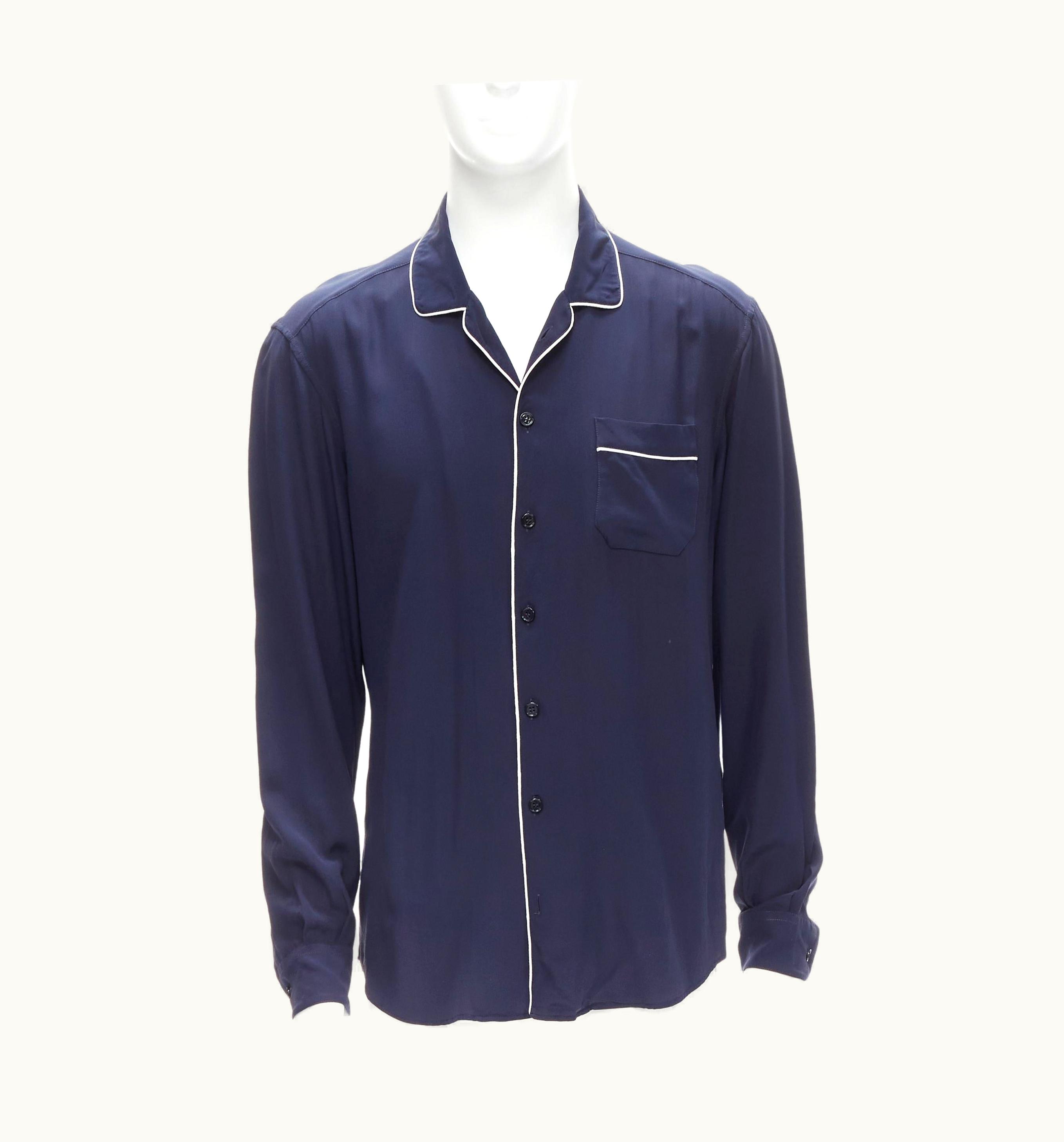 Dolce & Gabbana Dolce Gabbana Navy Blue White Piping Casual Pajama Shirt