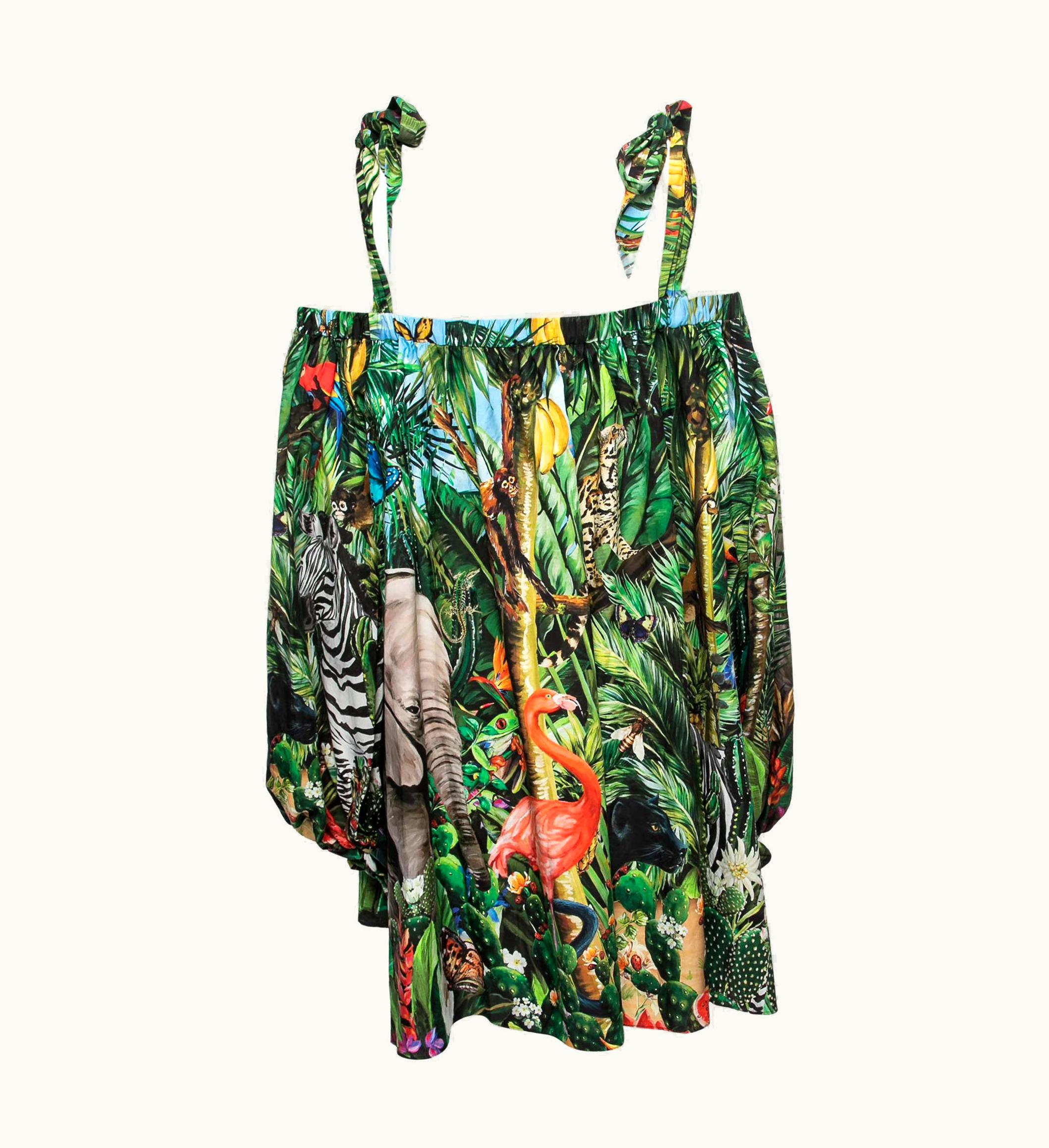 Dolce & Gabbana Dolce & Gabbana Green Tropical Print Cotton Off-Shoulder Mini Dress