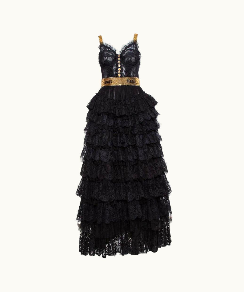 Dolce & Gabbana Dolce & Gabbana Black Floral Lace & Tulle Sequin Embellished Tiered Evening Gown