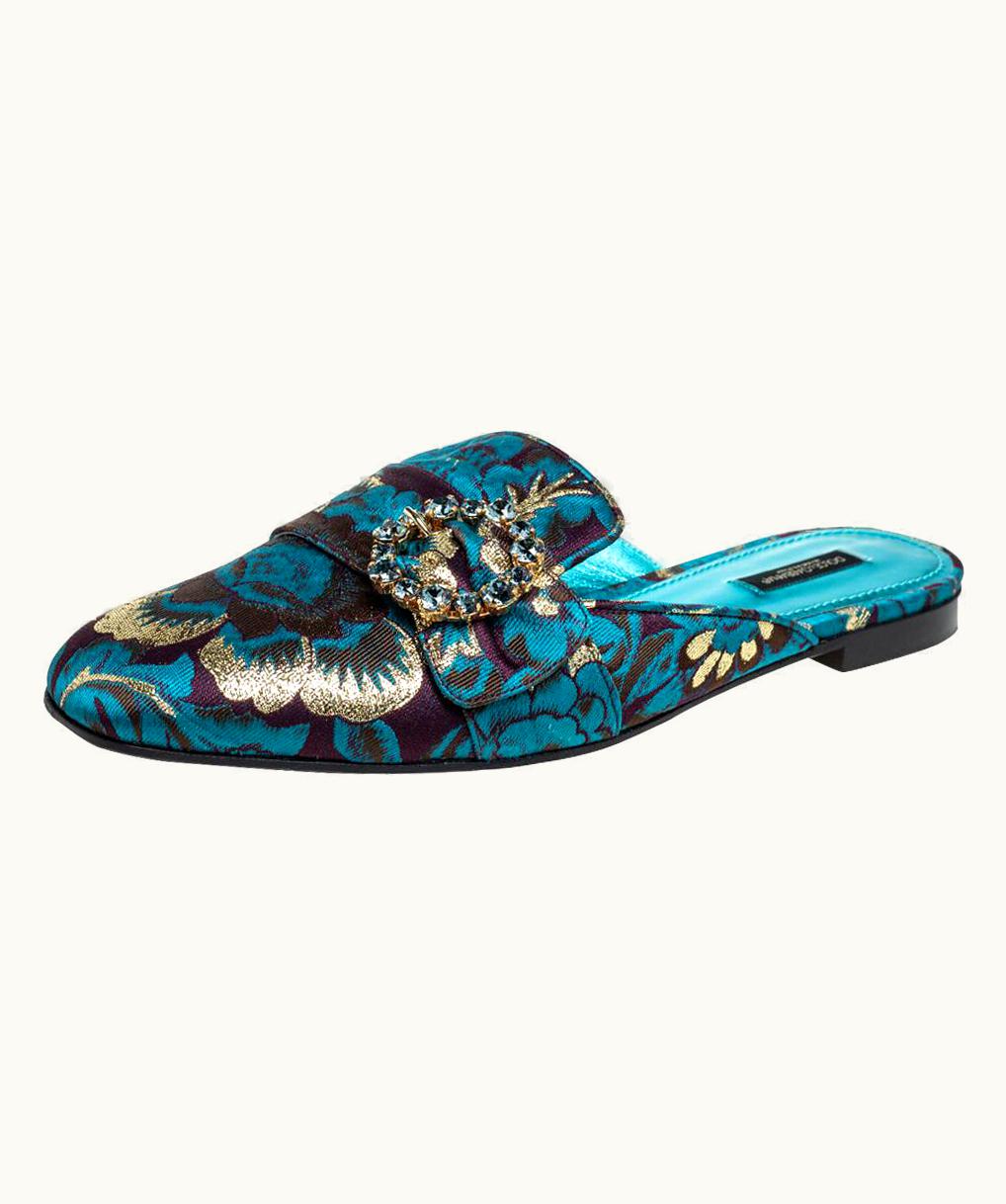 Dolce & Gabbana Dolce & Gabbana Blue Printed Brocade Fabric Crystal Embellished Mules