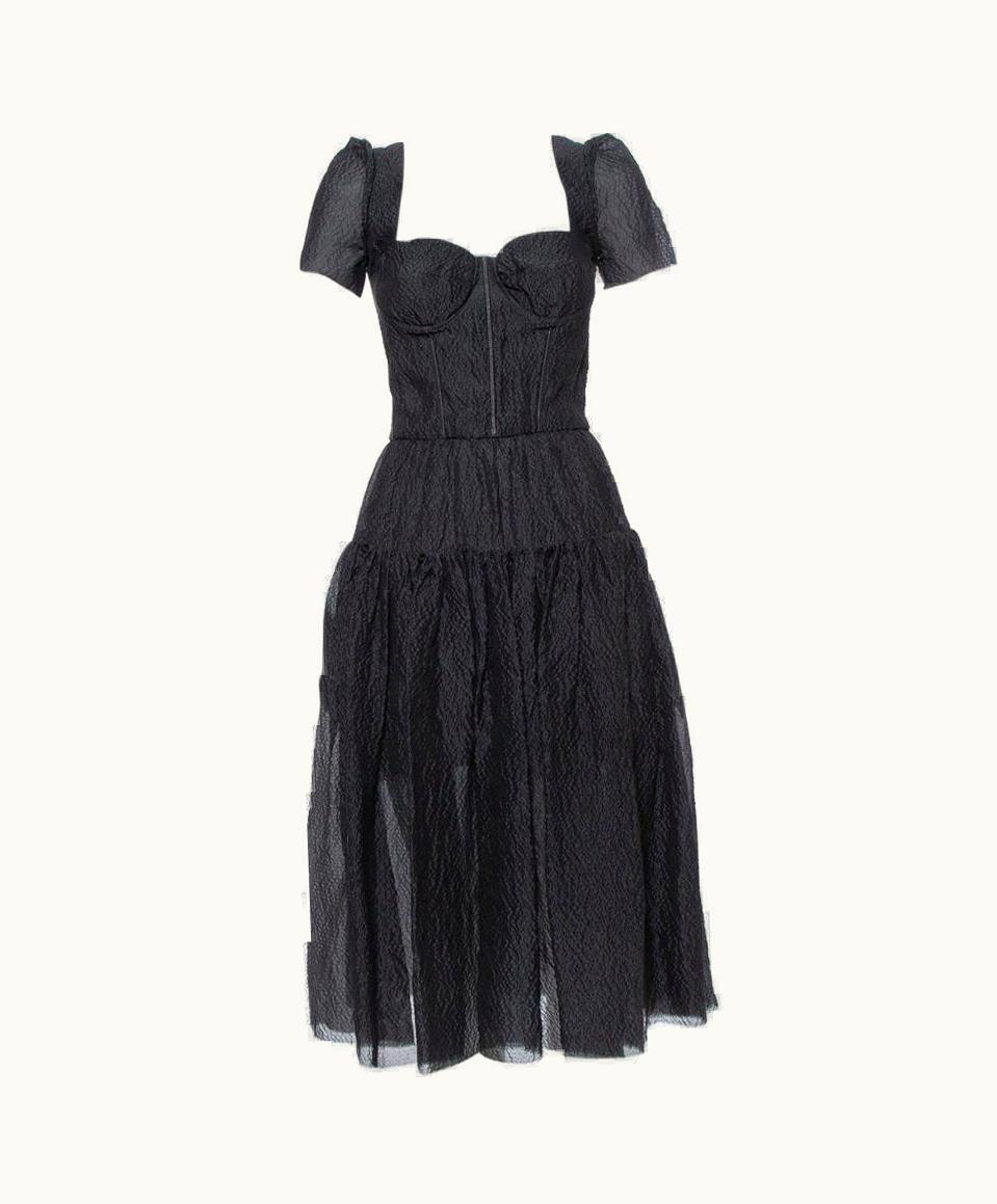 Dolce & Gabbana Dolce & Gabbana Black Textured Silk Corset Detail Flared Midi Dress