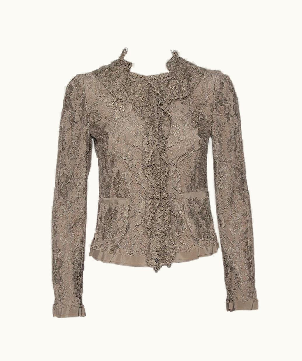 Dolce & Gabbana Dolce And Gabbana Olive Green Floral Lace Ruffle Trim Jacket