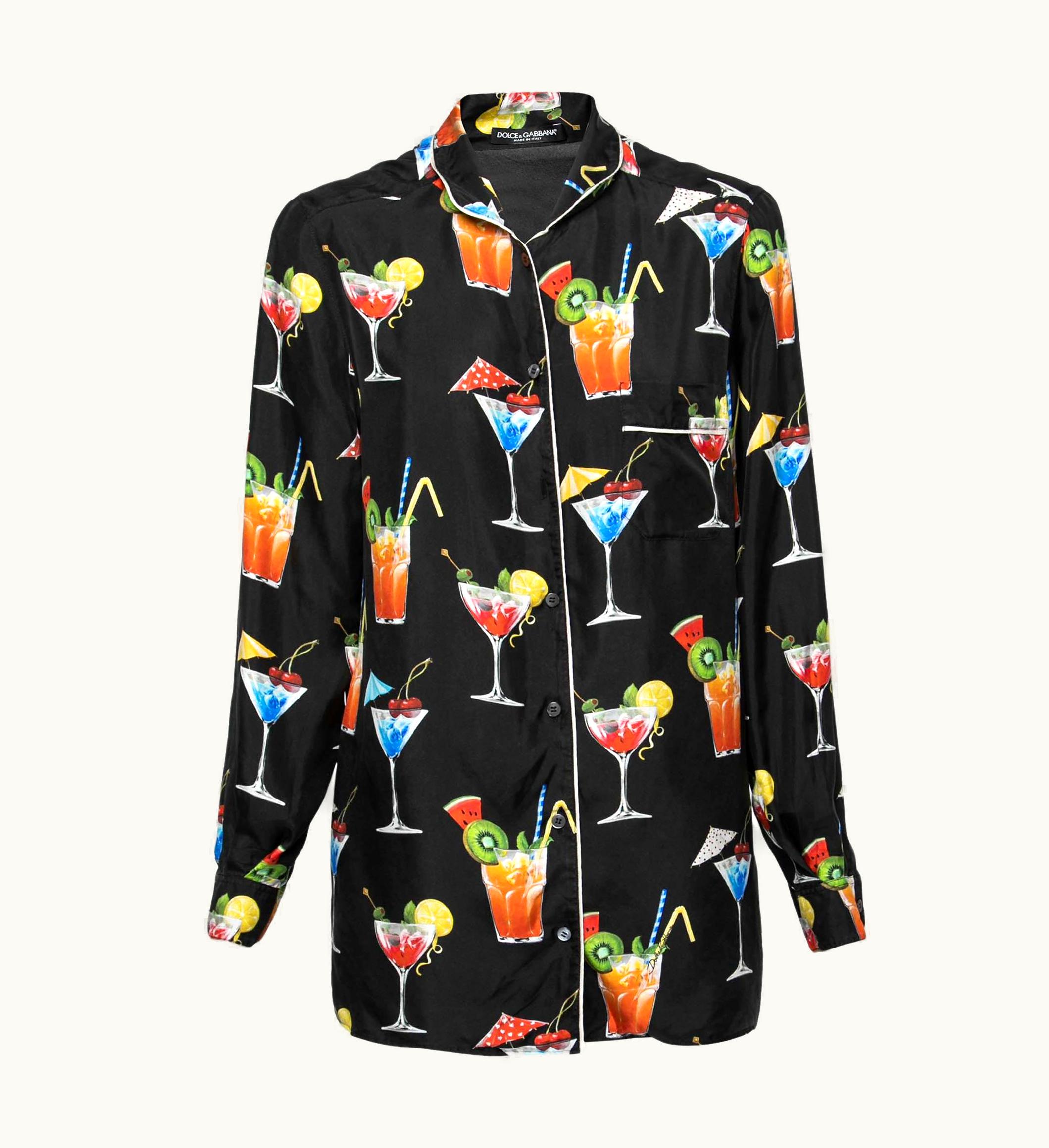 Dolce & Gabbana Dolce & Gabbana Black Silk Cocktail Print Button Front Pajama Shirt