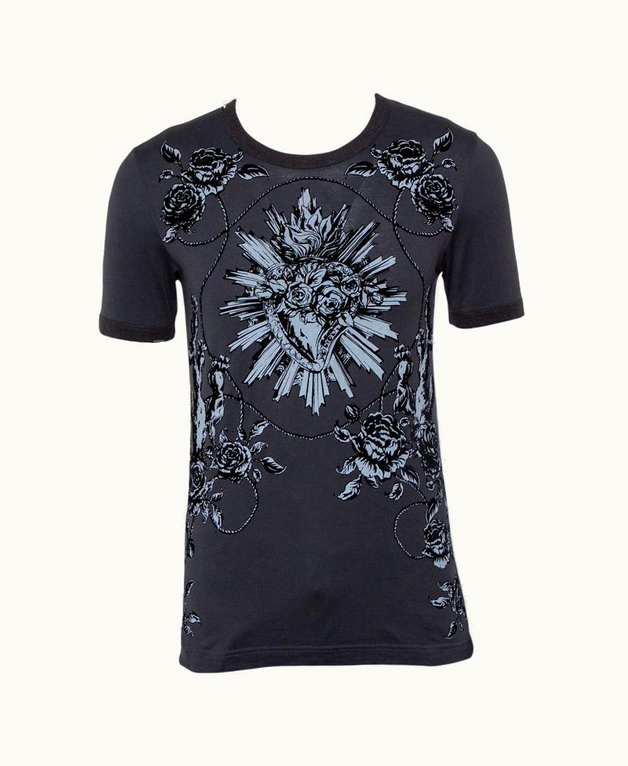 Dolce & Gabbana Dolce & Gabbana Grey Sacred Heart Flock Print Cotton T-Shirt