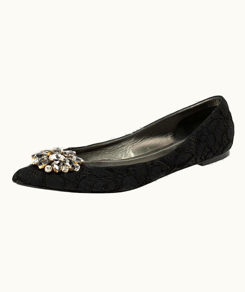 Dolce & Gabbana Dolce & Gabbana Black Lace Crystal Embellished Pointed Toe Flats