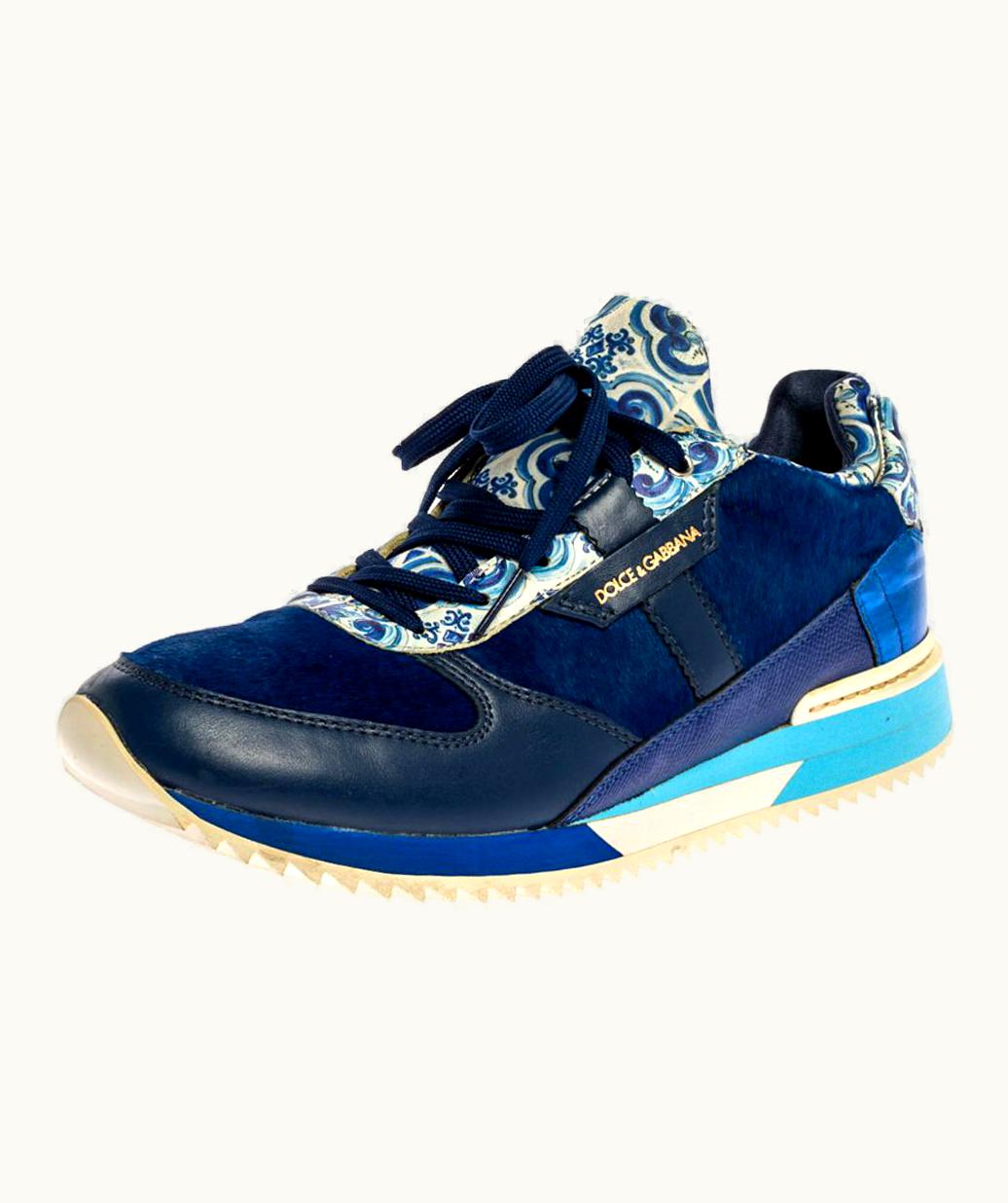 Dolce & Gabbana Dolce & Gabbana Blue/White Majolica Print Leather Platform Sneaker