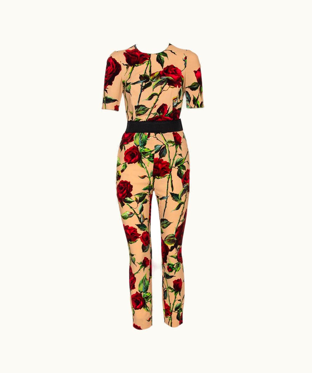 Dolce & Gabbana Dolce & Gabbana Beige Floral Printed Crepe Top & Tapered Leg Trousers