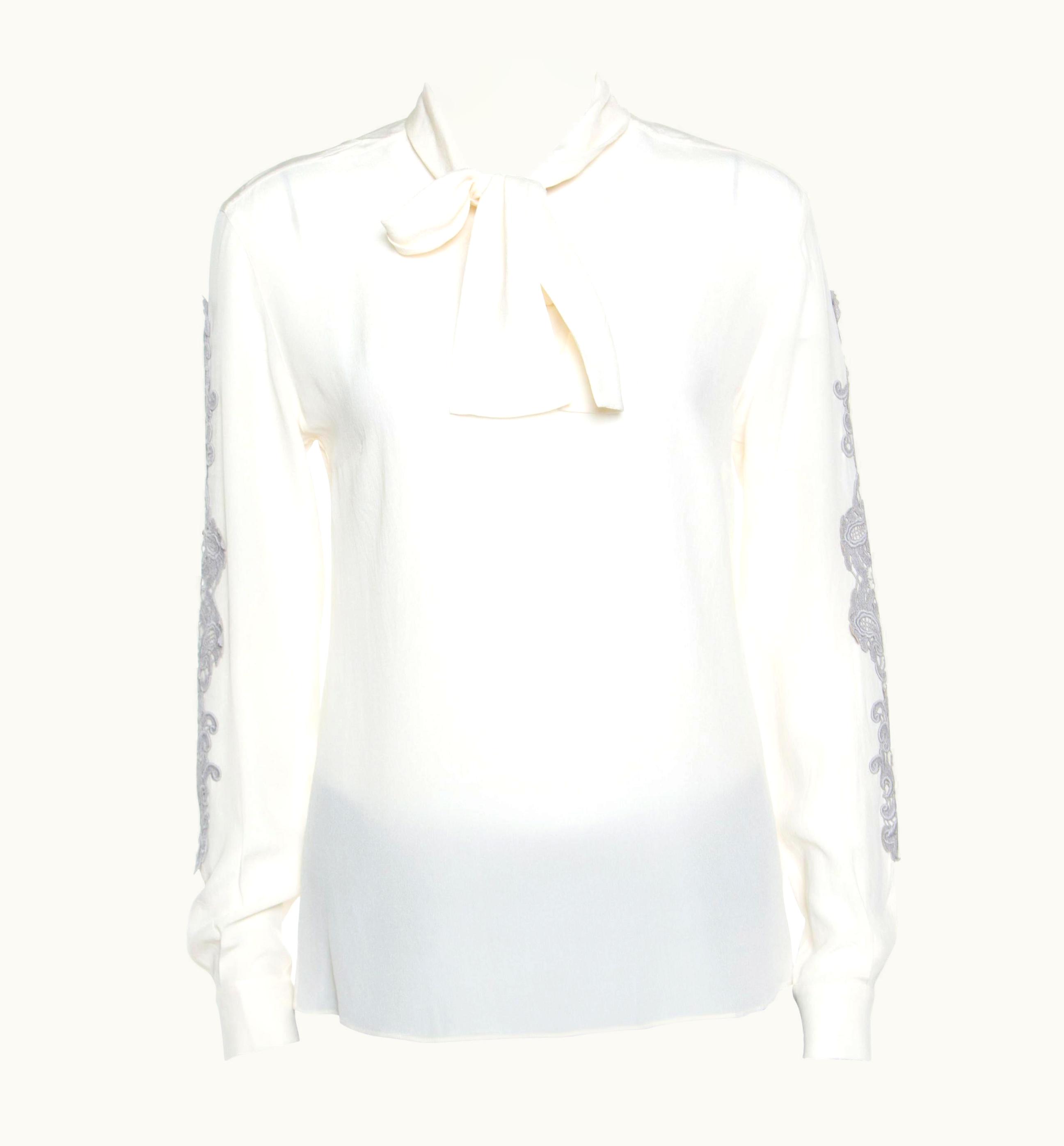 Dolce & Gabbana Dolce & Gabbana Cream Silk Lace Applique Bow Tie Detail Blouse