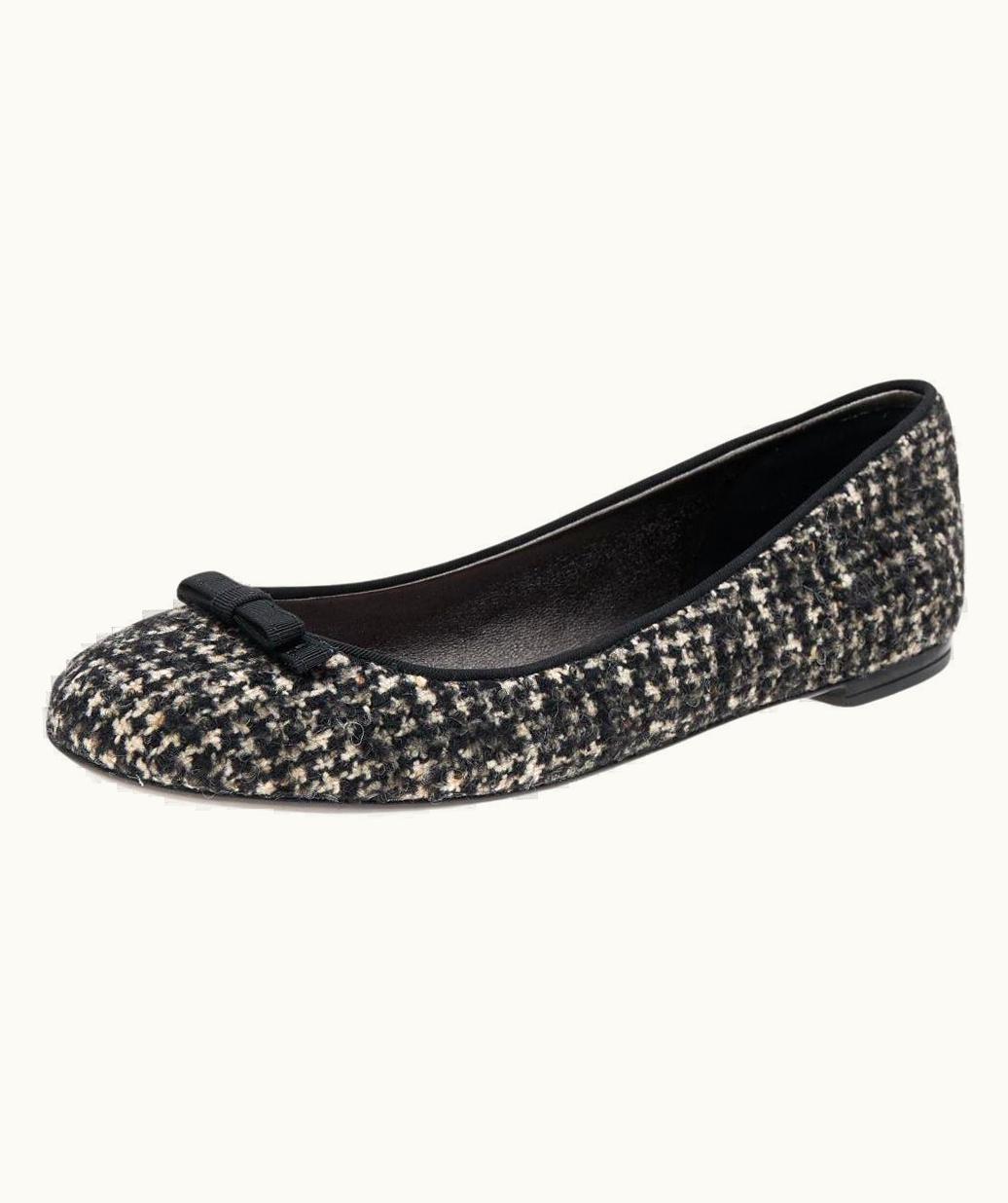 Dolce & Gabbana Dolce & Gabbana Black/White Tweed Fabric Bow Ballet Flats