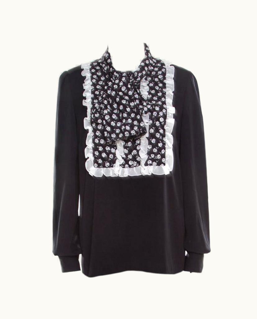 Dolce & Gabbana Dolce & Gabbana Monochrome Small Flower Print Silk Ruffled Bib Blouse