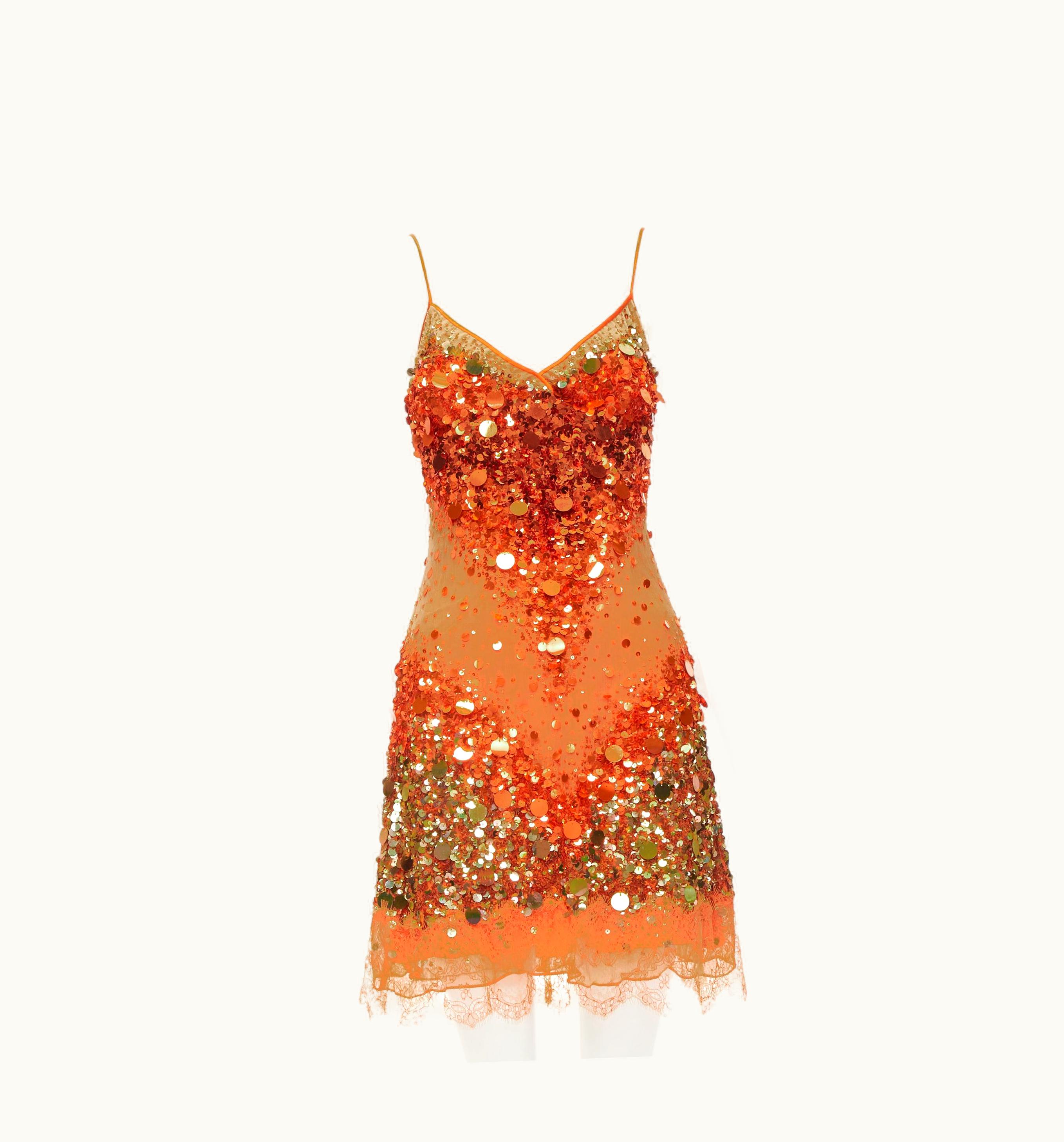 Dolce & Gabbana Rare Dolce Gabbana Orange Paillette Sequins Lace Flapper Cocktail Dress