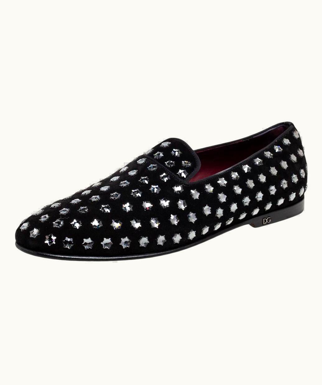 Dolce & Gabbana Dolce & Gabbana Black Suede Crystal Embellished Slip On Loafers UZ0609945